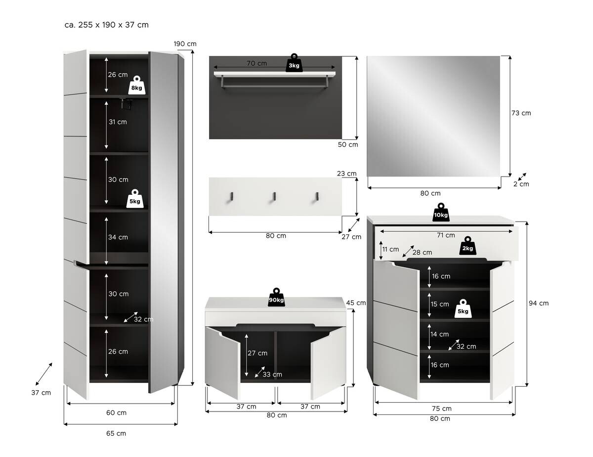 Garderobe Canu basaltgrau Nachbildung weiß B/H/T: ca. 255x190x37 cm
