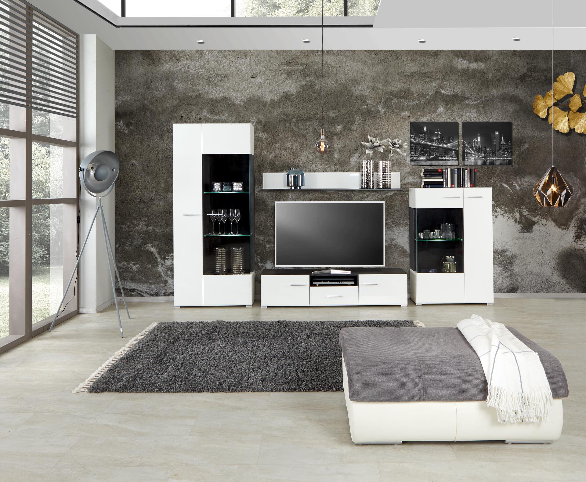 Wohnwand Concerto weiß Hochglanz schwarz B/H/T: ca. 308x190x41 cm