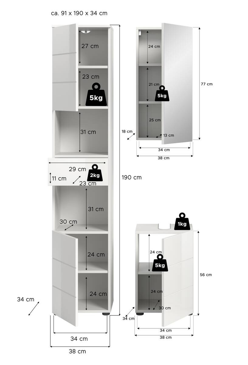 Badezimmer-Set VIRA weiß weiß Hochglanz B/H/T: ca. 91x190x34 cm