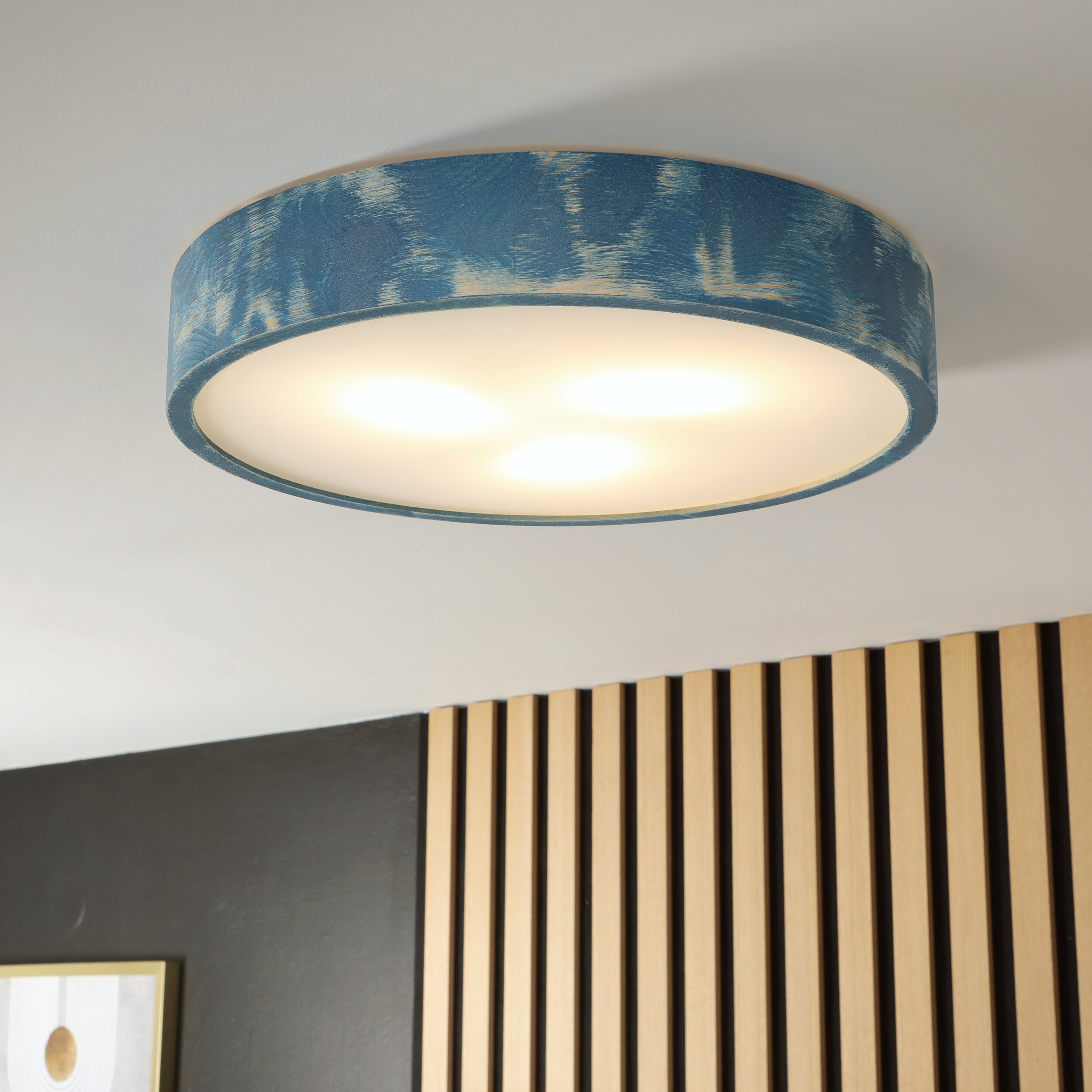 Lamkur Deckenleuchte hellbraun blau Holz Glas B/H/L: ca. 48x48x10 cm 3 Brennstellen