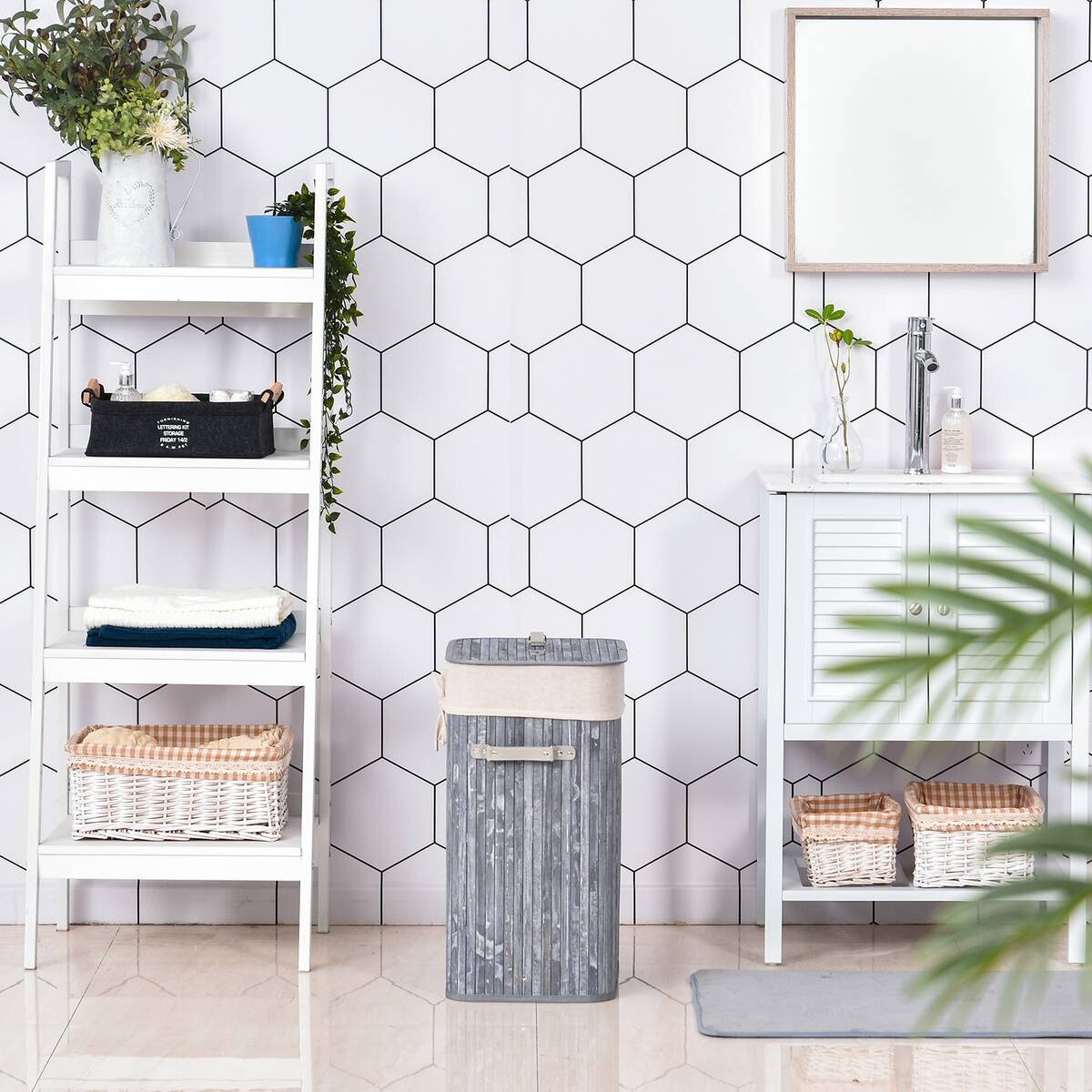 HOMCOM Wäschekorb mit 2 Tragegriffen grau Bambus Stoff Kunststoff B/H/L: ca. 30x60x40 cm