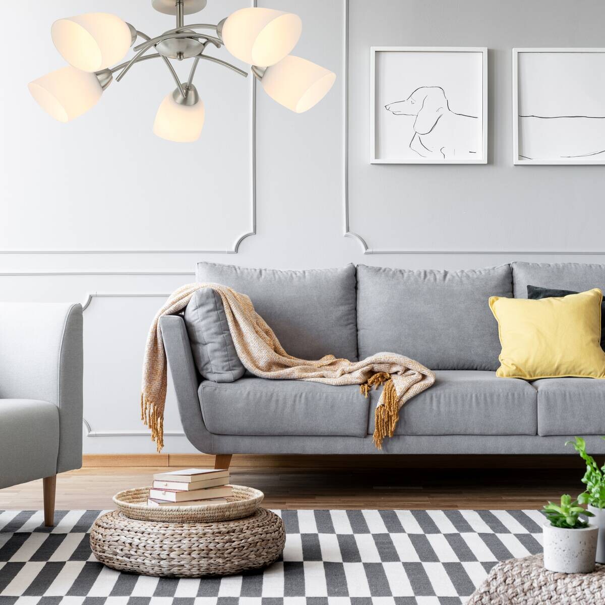 Lamkur Deckenleuchte Donna nickel Glas Metall H/L: ca. 26x45 cm E27 5 Brennstellen