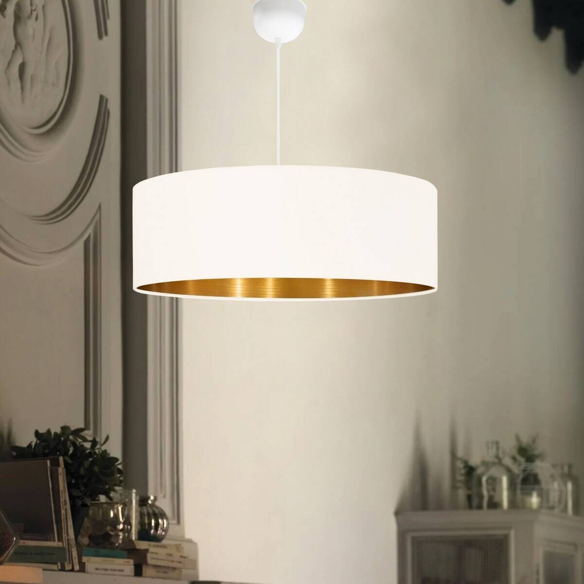 Opviq Pendelleuchte creme gold Stoff B/H/T/L/D: ca. 52x70x52x52x52 cm E27 1 Brennstellen