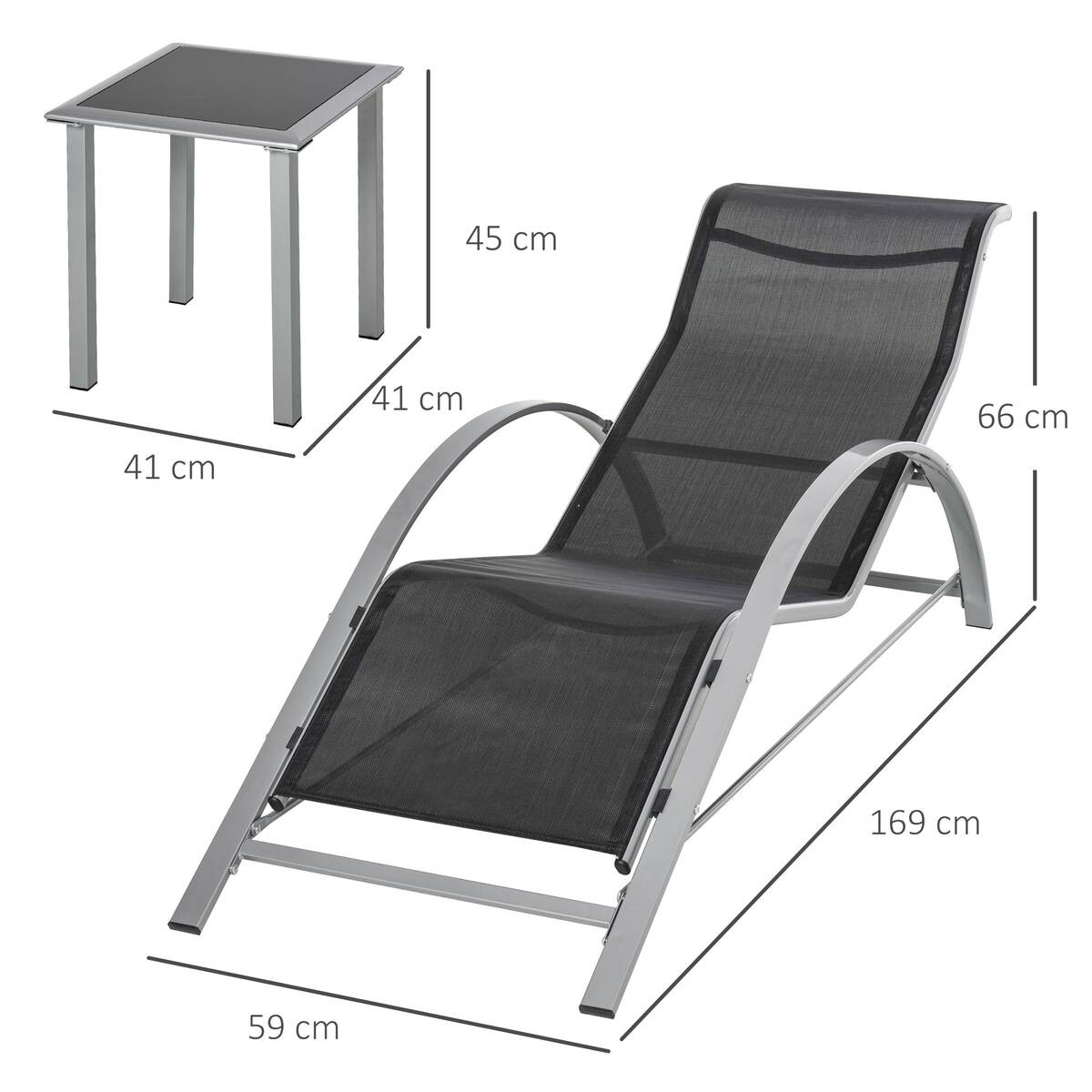 Outsunny Gartenliege-Set mit Tisch schwarz Metall B/H/T: ca. 59x66x169 cm