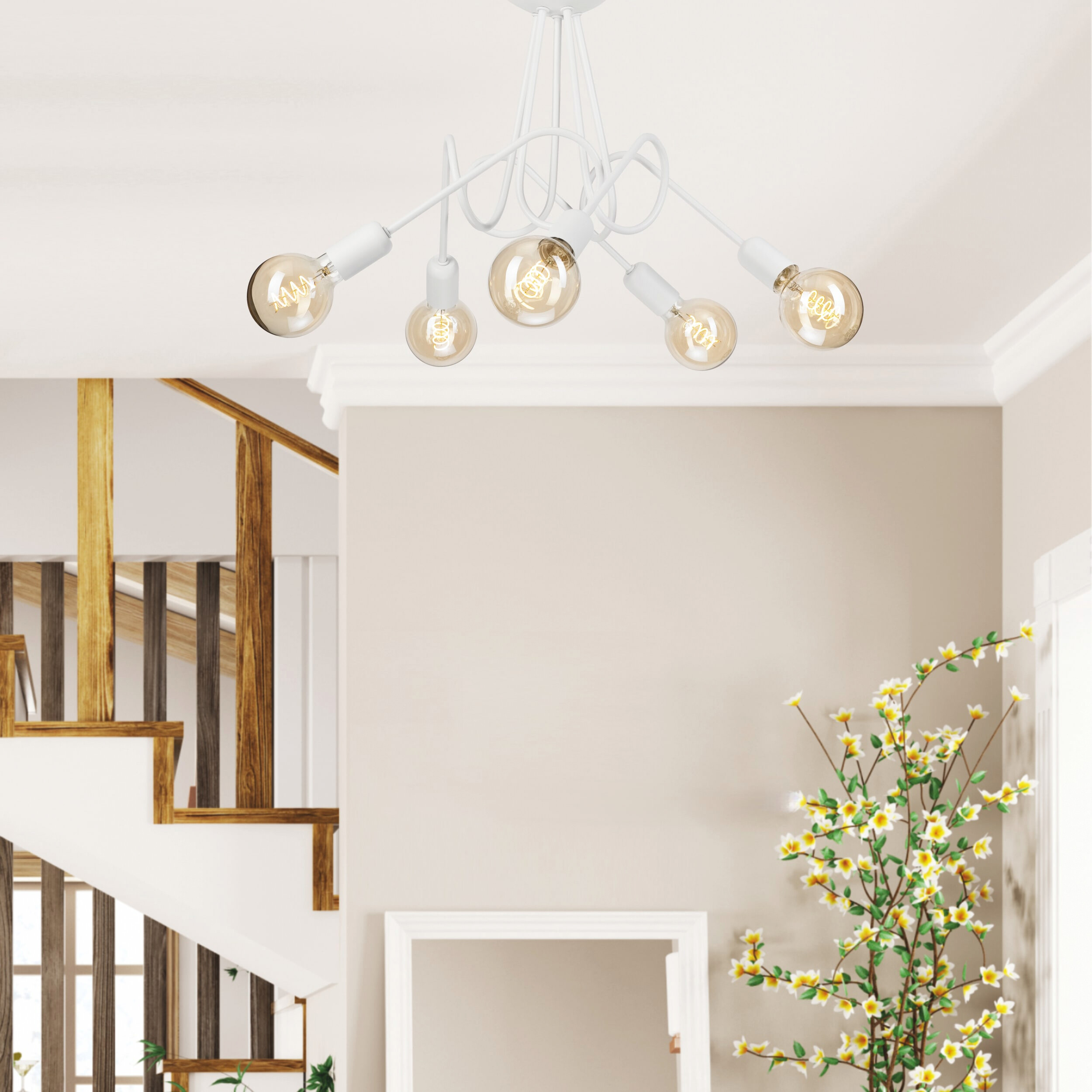 Lamkur Kronleuchter weiß Stahl B/H/L: ca. 39x54x54 cm E27 5 Brennstellen