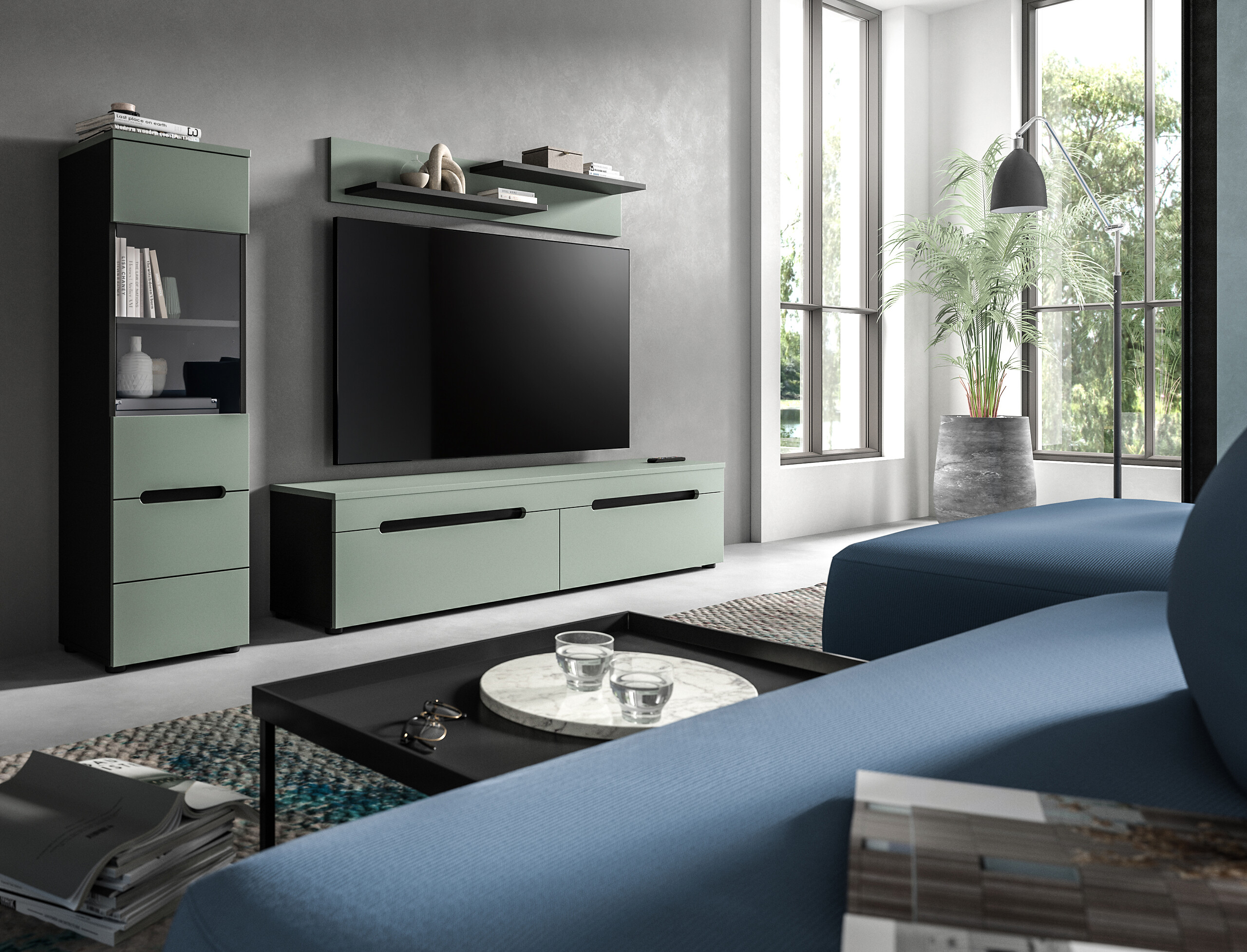 Wohnwand Canu grün basaltgrau Nachbildung B/H/T: ca. 221x141x33 cm