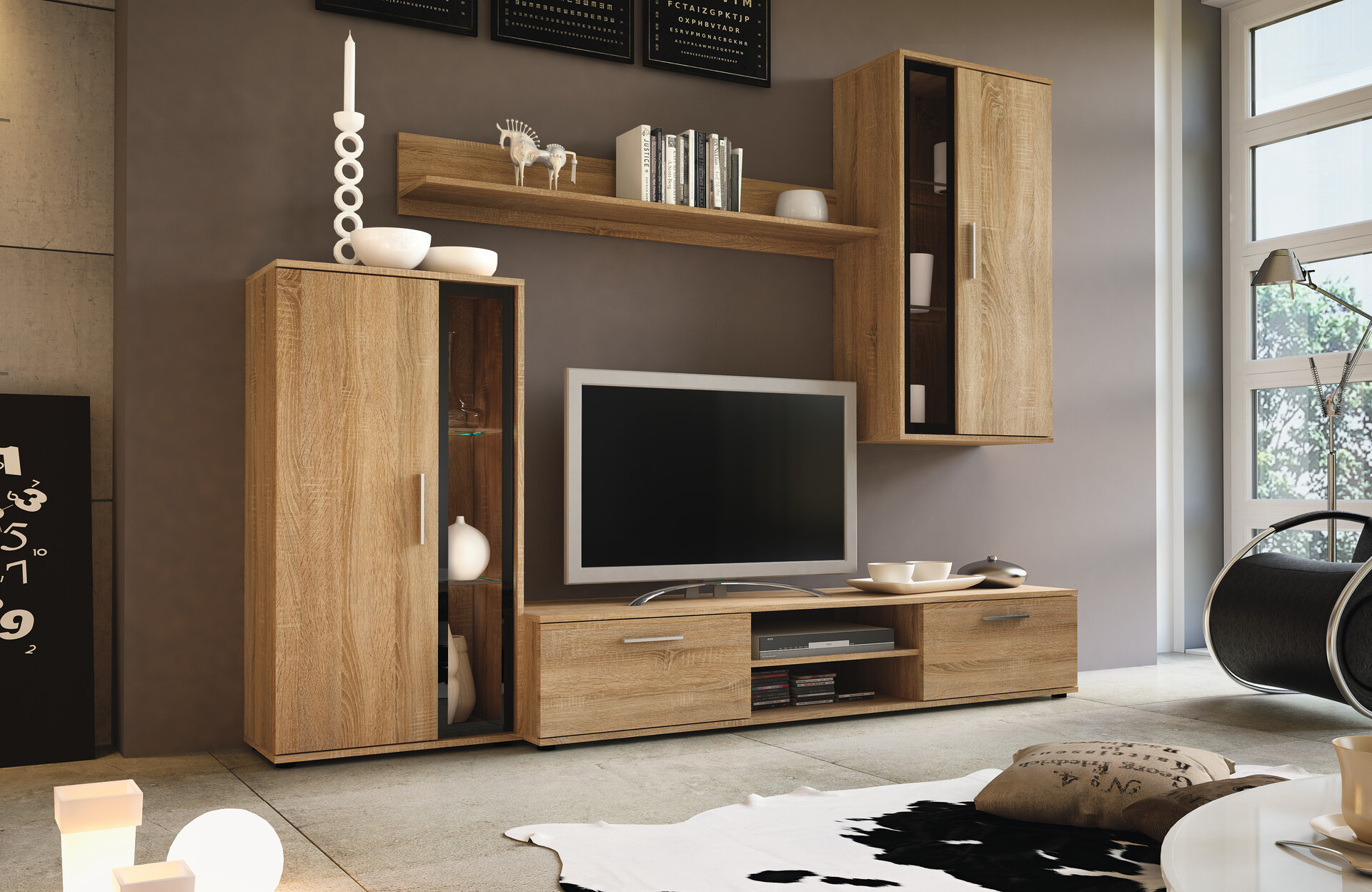 Wohnwand Neon Eiche Sonoma Nachbildung schwarz B/H/T: ca. 233x190x40 cm