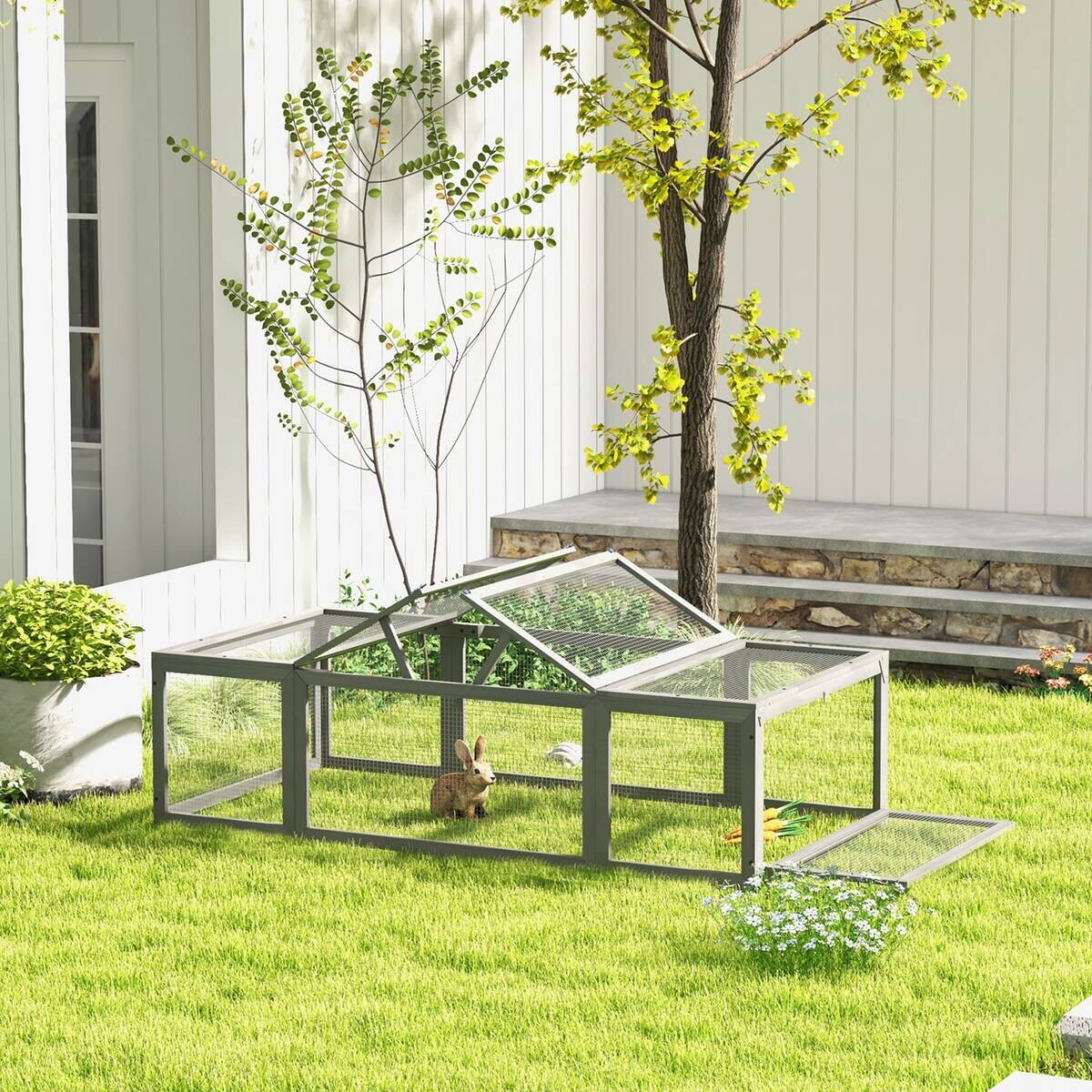 PawHut Kaninchenstall grau Stahl B/H/L: ca. 90x48x180 cm