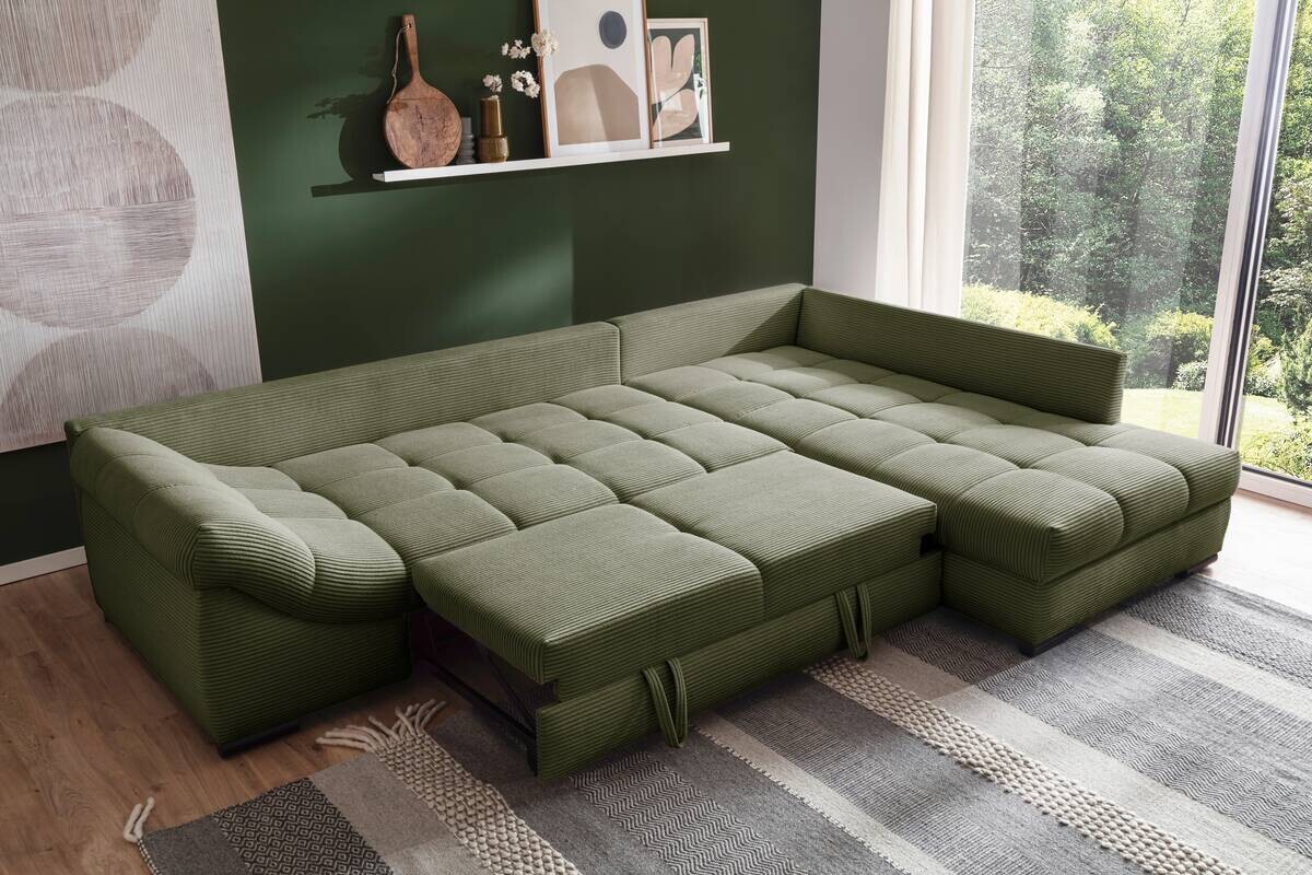 Ecksofa mit Bettfunktion grün Microfaser B/H/T: ca. 303x88x202 cm