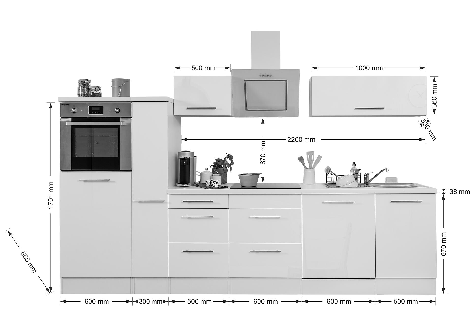 Respekta Küchenblock Amanda schwarz Hochglanz B/H/T: ca. 310x200x60 cm
