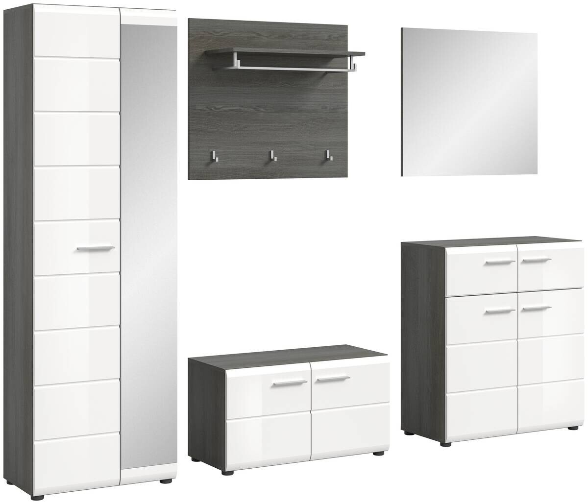 Garderobe SALSA Eiche Rauchsilber Nachbildung weiß Hochglanz B/H/T: ca. 250x192x37 cm Garderobe SALSA Eiche Rauchsilber Nachbildung weiß Hochglanz B/H/T: ca. 250x192x37 cm