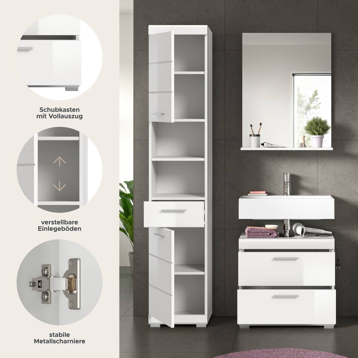 Badezimmer-Set Scout weiß weiß Hochglanz B/H/T: ca. 112x191x37 cm