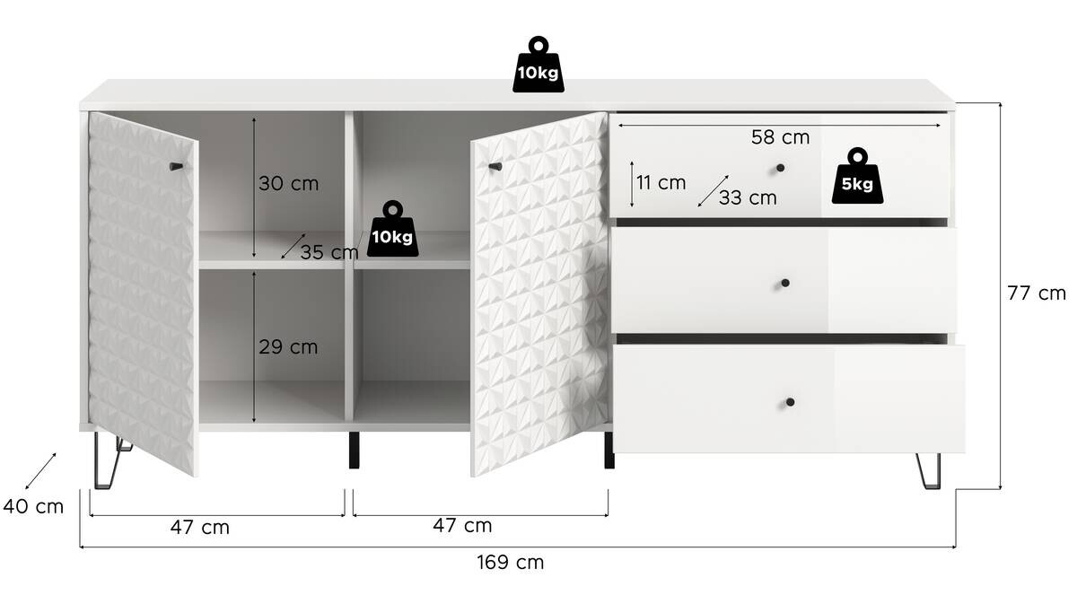 Sideboard PRISMA weiß weiß Hochglanz B/H/T: ca. 170x76x40 cm