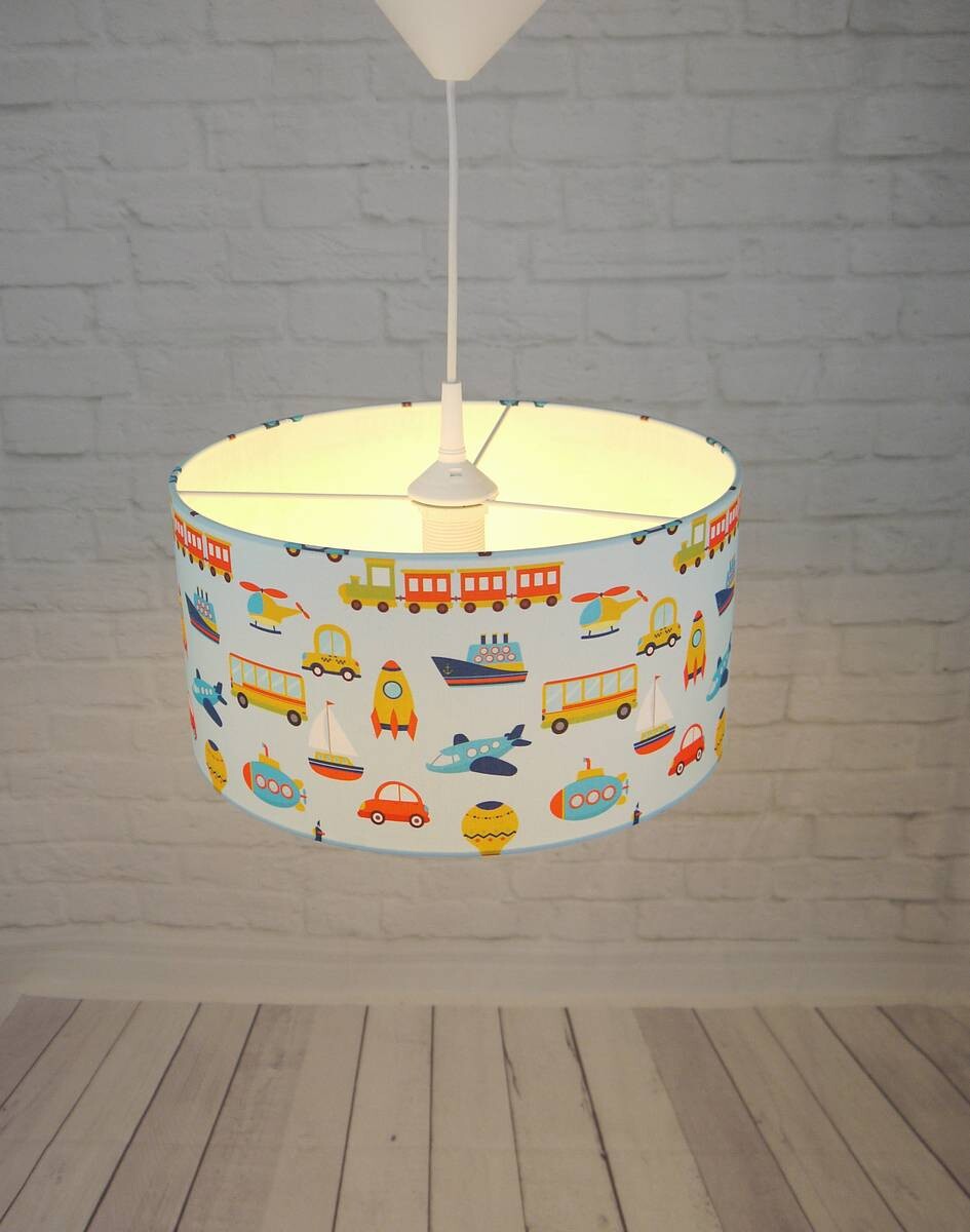 Niermann Pendelleuchte Fahrzeuge blau bunt Textil Metall D: ca. 35 cm E27 1 Brennstellen