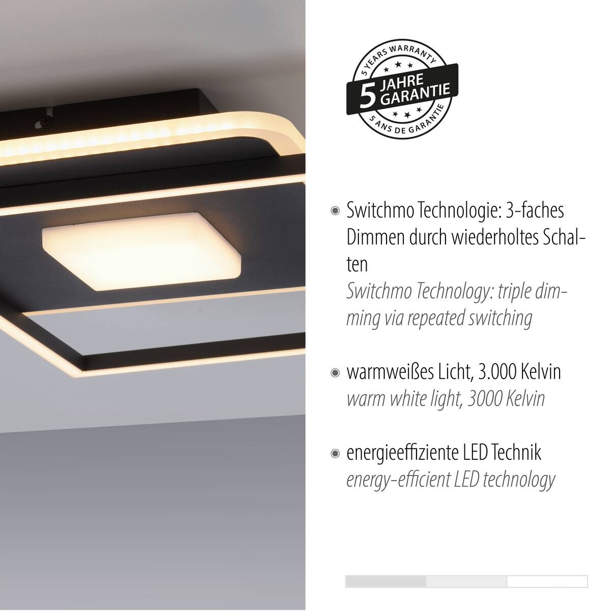 Just Light LED-Deckenleuchte DOMINO 15045-18 weiß schwarz Metall Kunststoff B/H/T: ca. 45x6,5x45 cm 1 Brennstellen