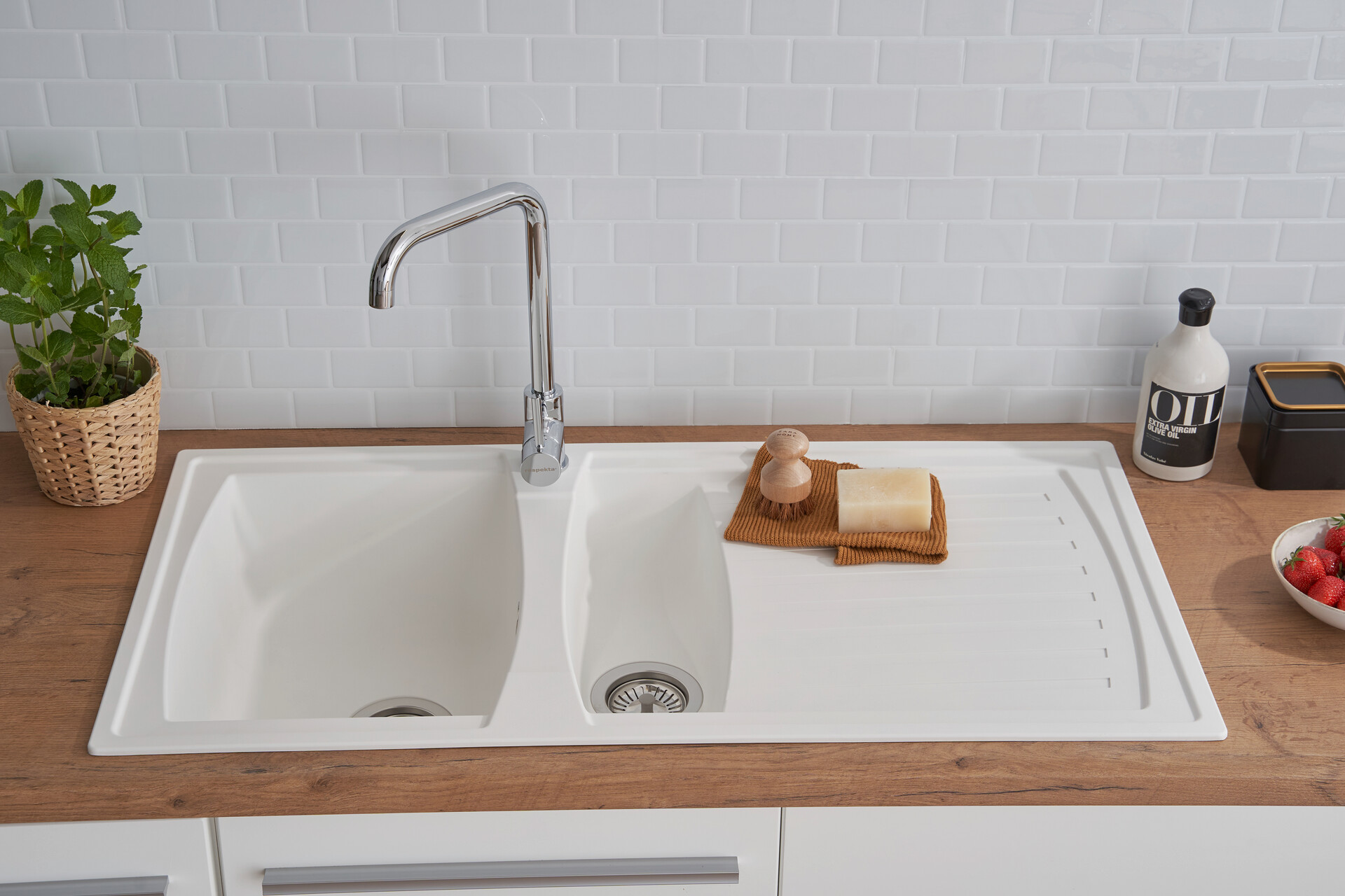 Respekta Einbauspüle Boston 100 x 50 W weiß Mineralite B/H/T: ca. 100x20x50 cm