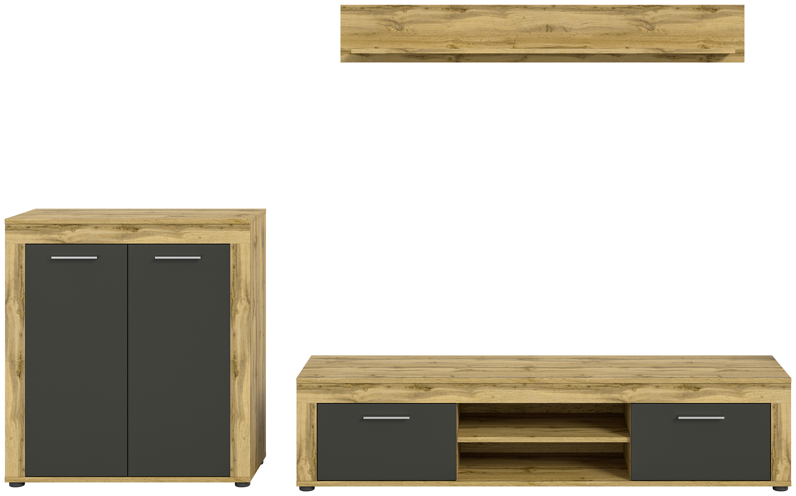 Wohnwand Jam Eiche Wotan Nachbildung grau B/H/T: ca. 255x159x35 cm Wohnwand Jam Eiche Wotan Nachbildung grau B/H/T: ca. 255x159x35 cm