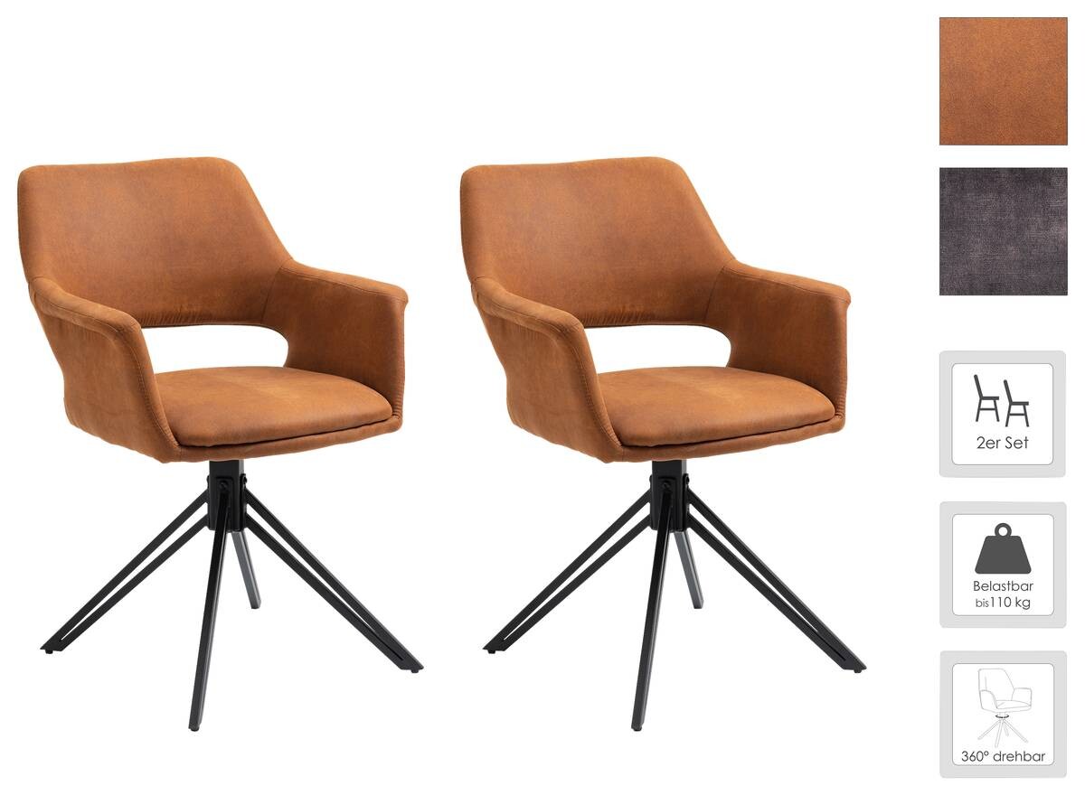 Stuhl ESTELLE 2er-Set braun Vintage schwarz Stoff Metall B/H/T: ca. 57x84x61 cm