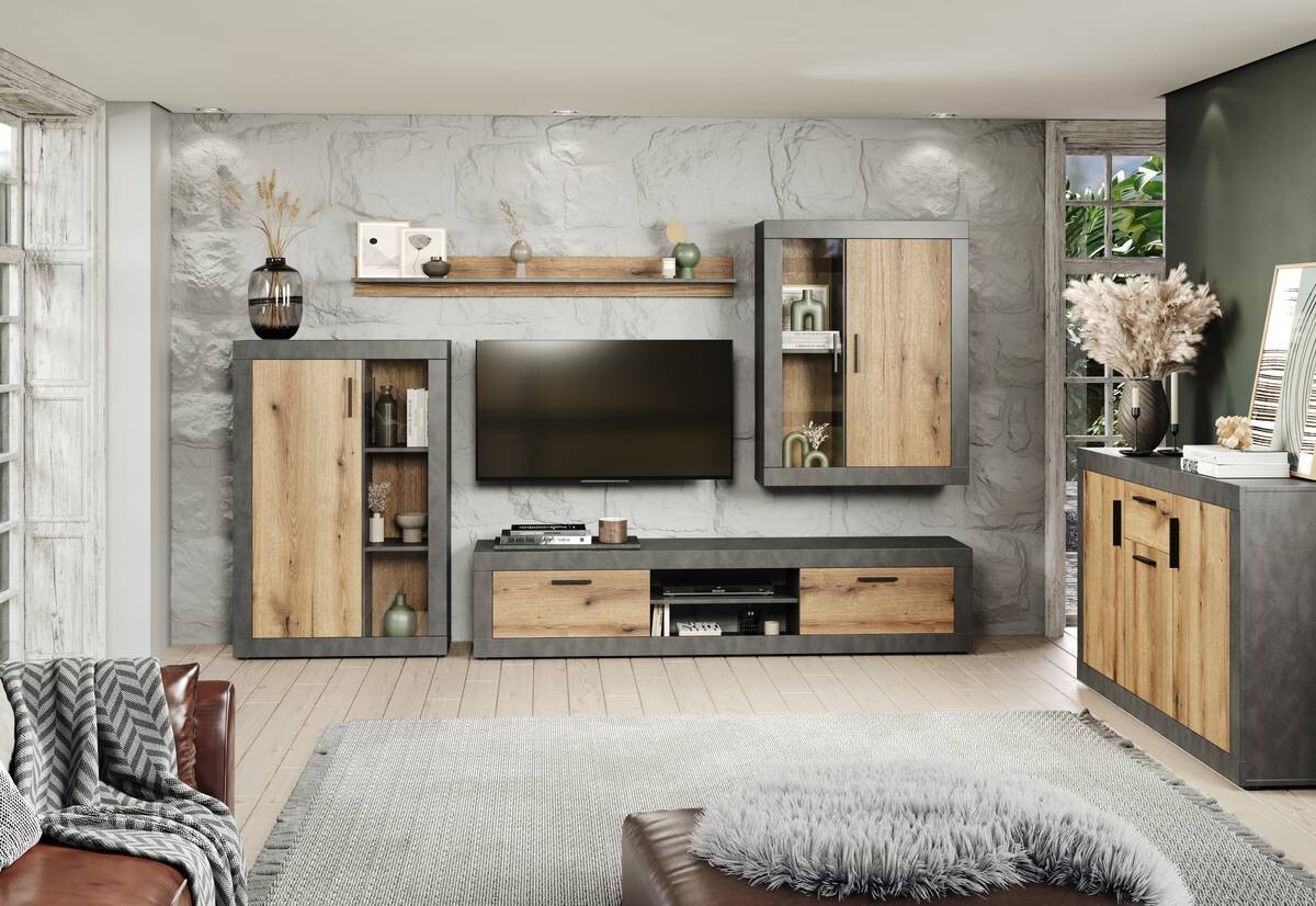 Wohnwand Salvada Eiche Evoke Coast Nachbildung anthrazit B/H/T: ca. 285x188x40 cm