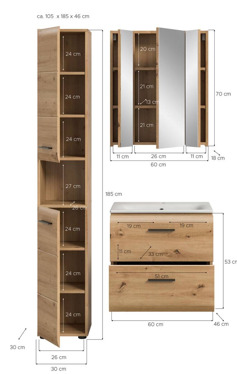 Badezimmer-Set Ice Artisan Oak Nachbildung B/H/T: ca. 105x185x46 cm