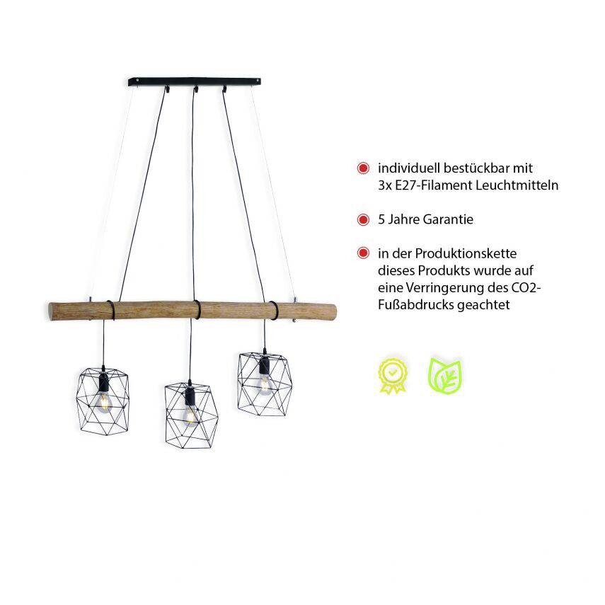 Just Light Pendelleuchte 15503-18 Eisen Holz Kunststoff B: ca. 120 cm E27 3 Brennstellen