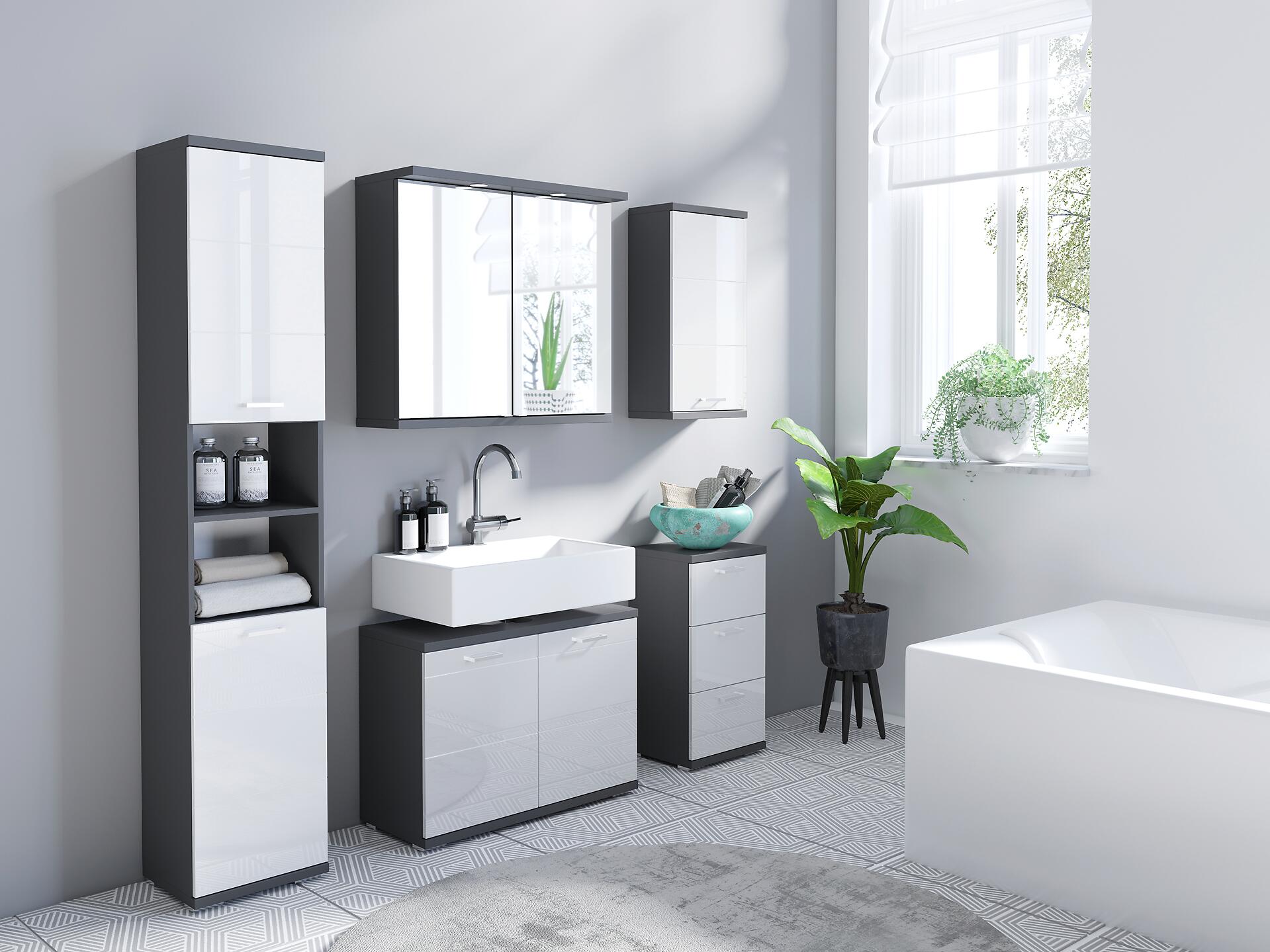 Waschbeckenunterschrank NEBRASKA anthrazit weiß Hochglanz silber verchromt B/H/T: ca. 80x59x31,5 cm