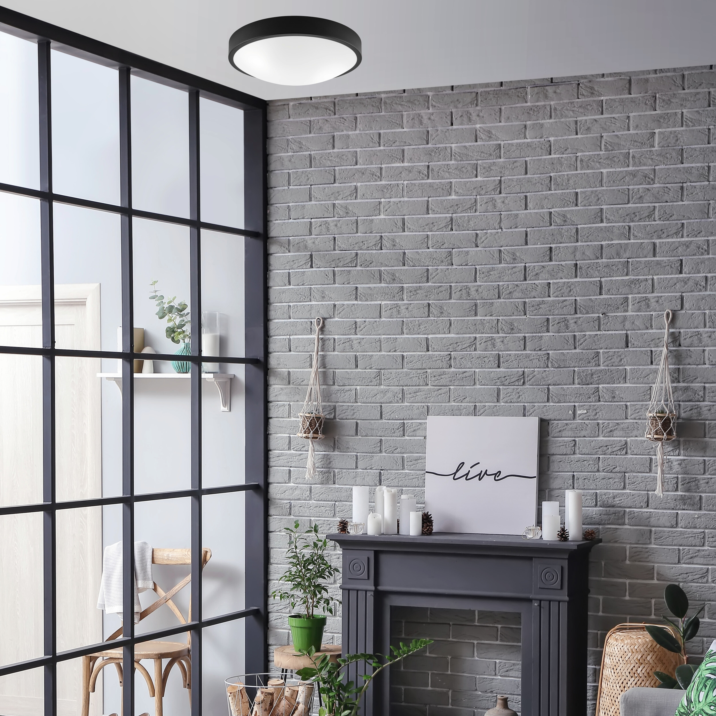 Lamkur Deckenleuchte schwarz Glas Stahl B/H/L: ca. 37x8x37 cm E27 2 Brennstellen