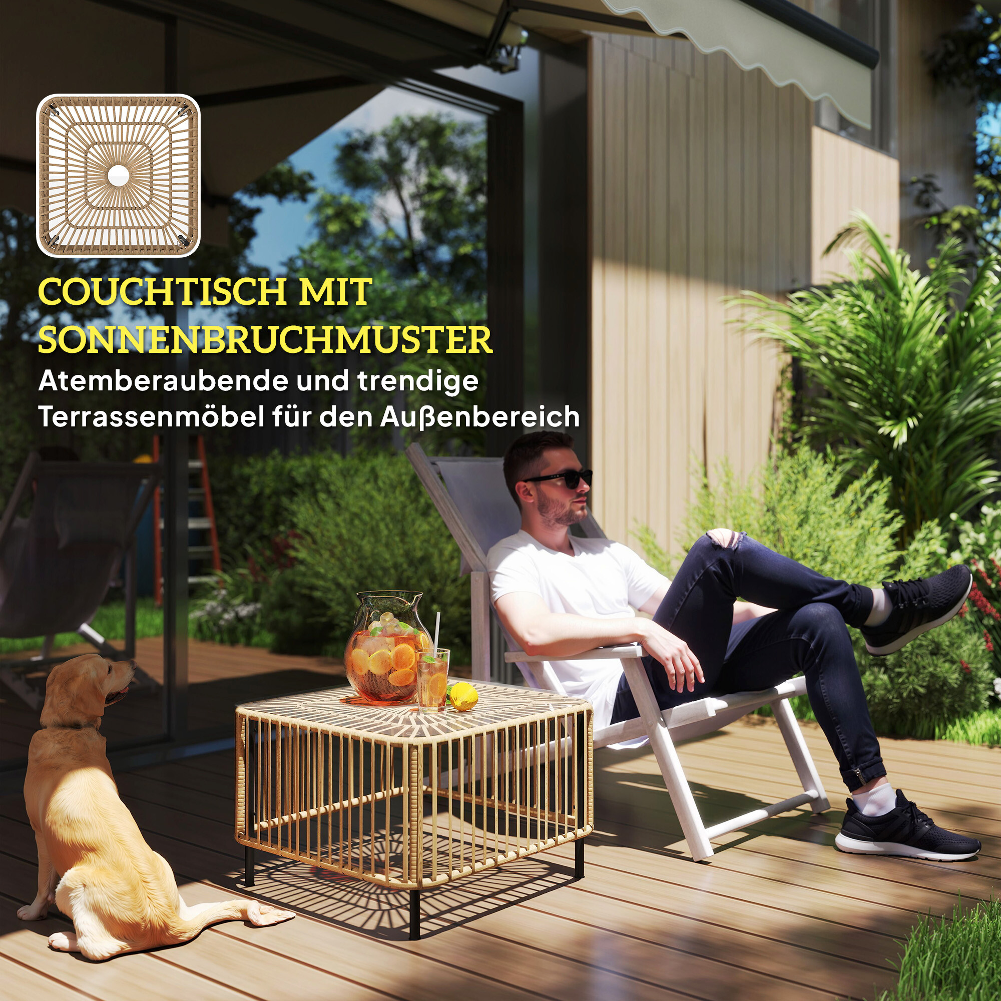 Outsunny Rattan-Gartentisch Holzoptik Polyethylen B/H/L: ca. 65x43x65 cm