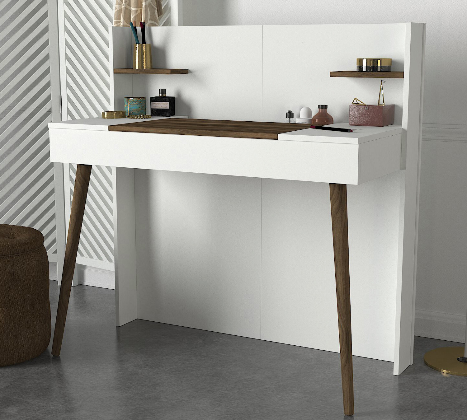 Schminktisch Retro weiß walnuss Nachbildung B/H/T: ca. 116x120x52 cm