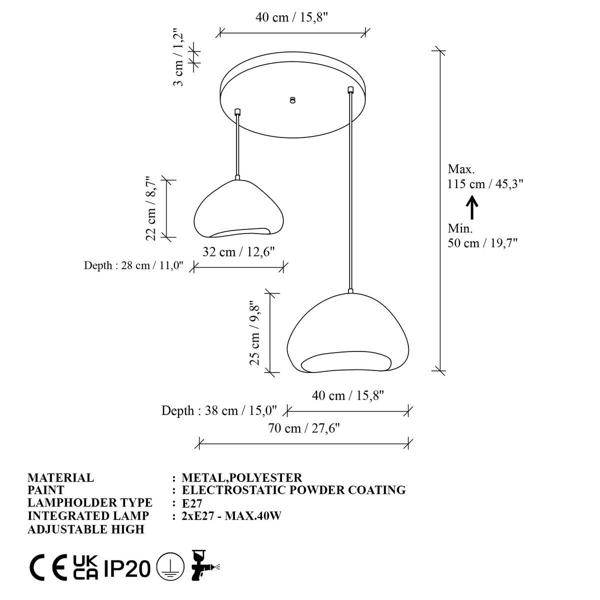 Opviq Pendelleuchte beige Metall Fiberglas B/T/L: ca. 70x70x70 cm E27 2 Brennstellen