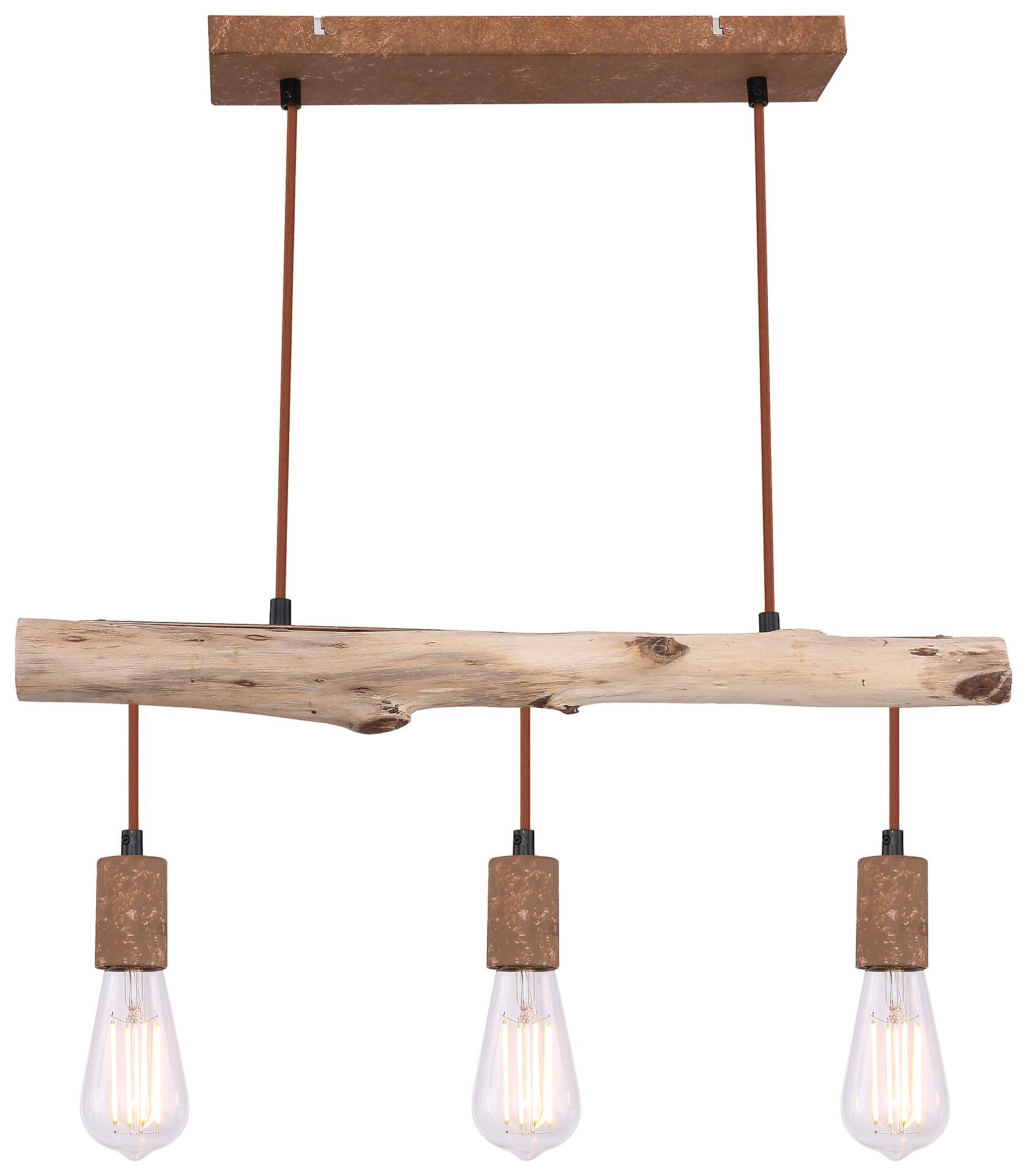 GLOBO Pendelleuchte Jakob rostfarbig Metall Echtholz B/H/T: ca. 60x120x9 cm E27 3 Brennstellen
