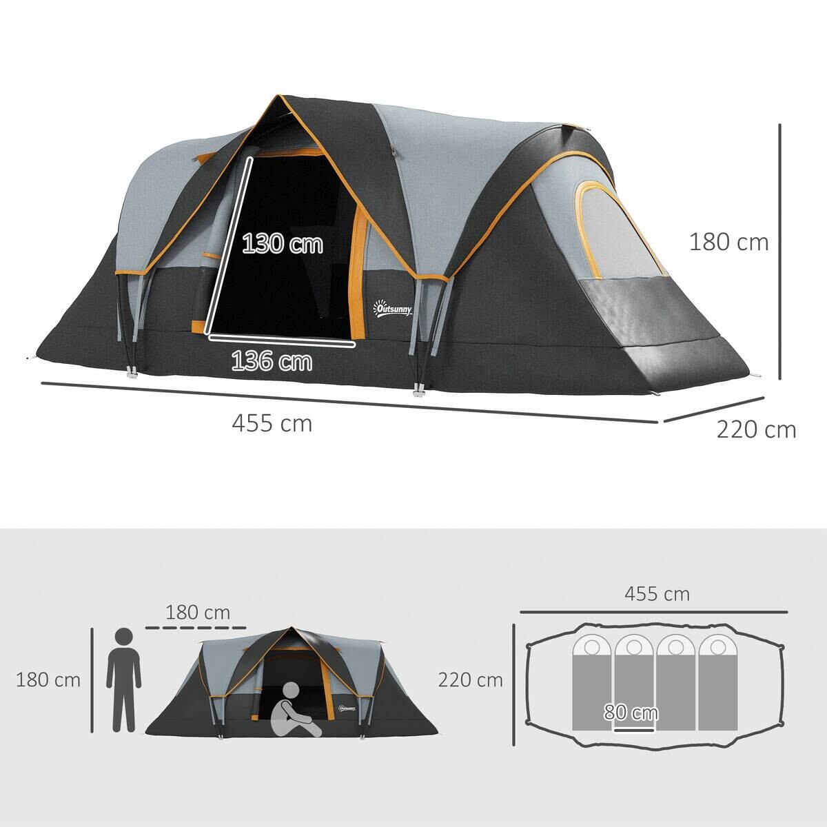 Outsunny Campingzelt schwarz Stahl B/H/L: ca. 220x180x455 cm