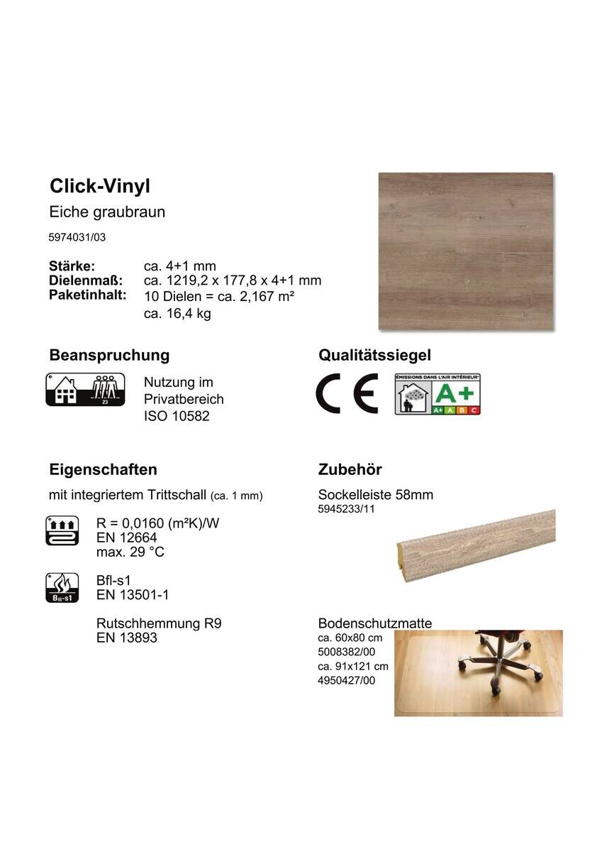 Click-Vinylboden Eiche graubraun ca.2,17 m² im Paket  B/L: ca. 17,78x121,92 cm pro Paket