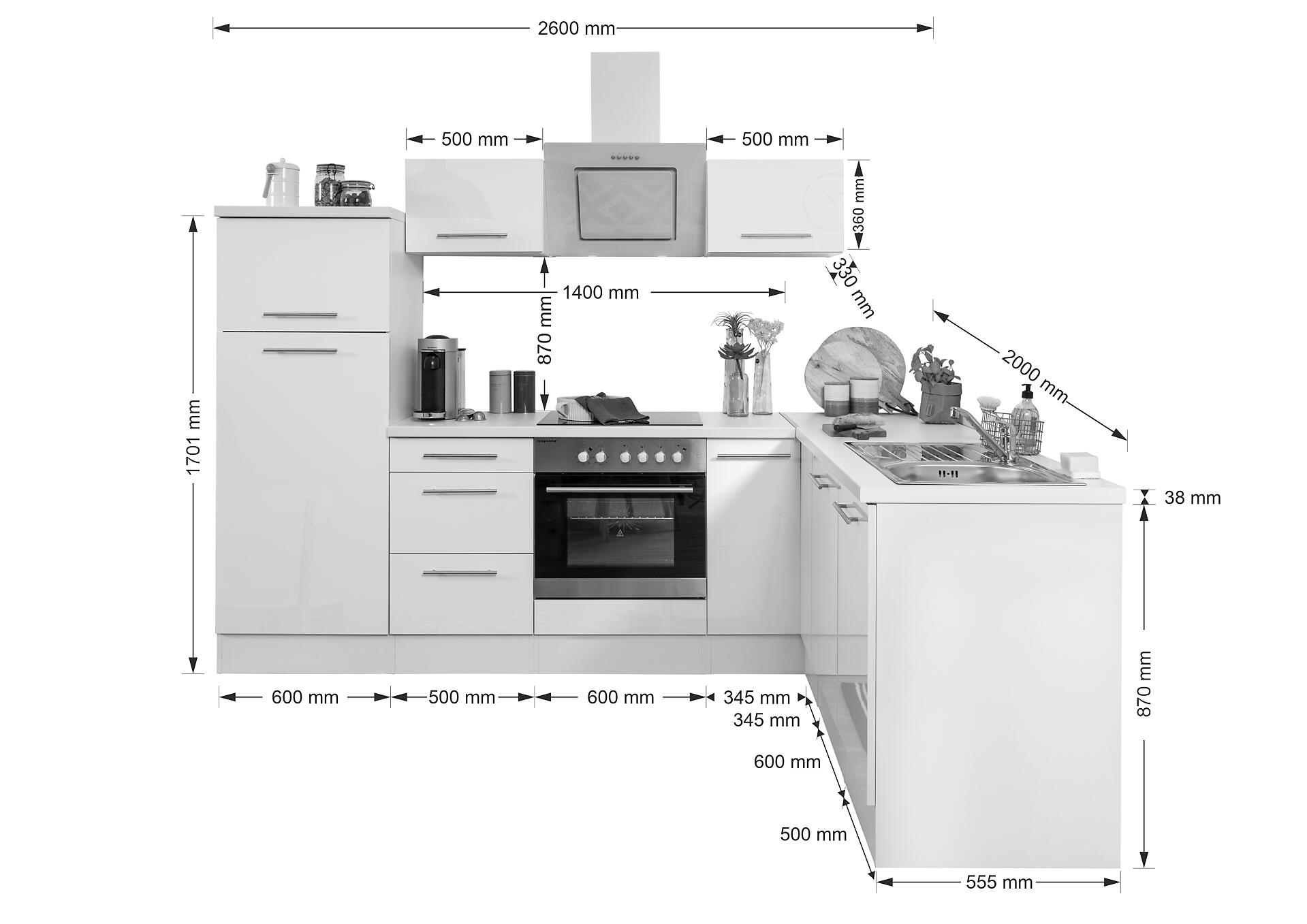 Respekta Küchenblock Premium grau hochglänzend B/H/T: ca. 260x200x200 cm