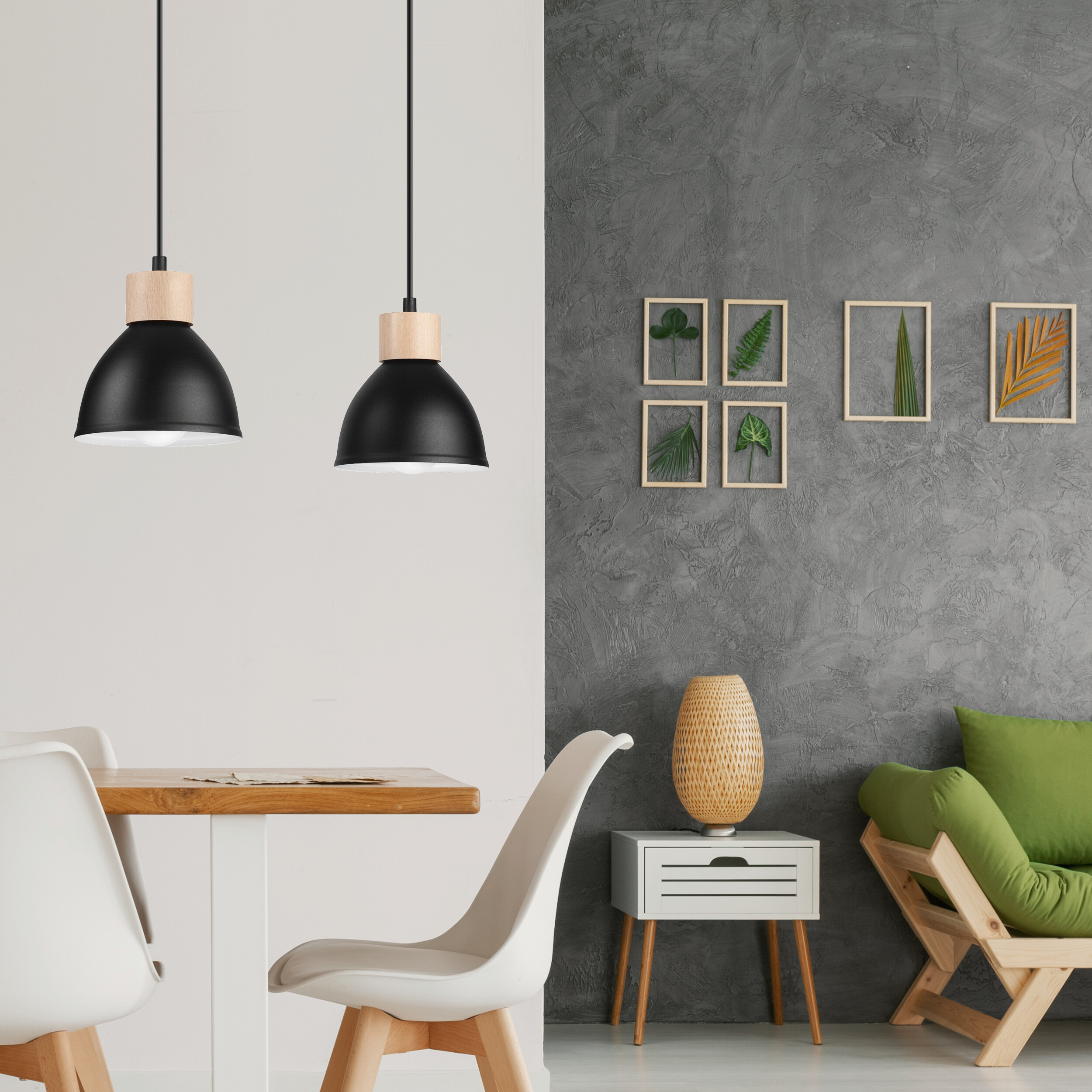 Lamkur Pendelleuchte schwarz Stahl Holz B/H/L: ca. 13x82x48 cm E27 2 Brennstellen