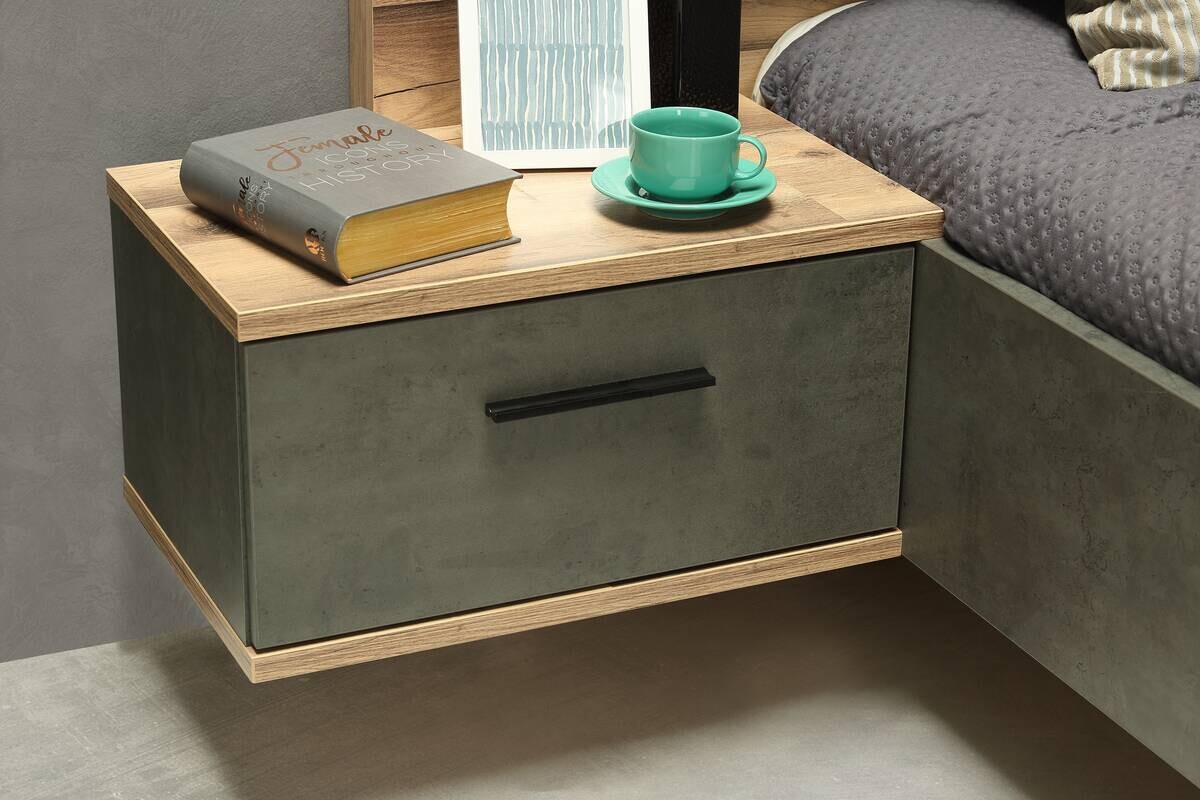 Bettanlage  Stabeiche Nachbildung dunkelgrau Beton Optik B/H/T: ca. 296,5x120x209,9 cm Liegefläche B/L: ca. 180x200 cm