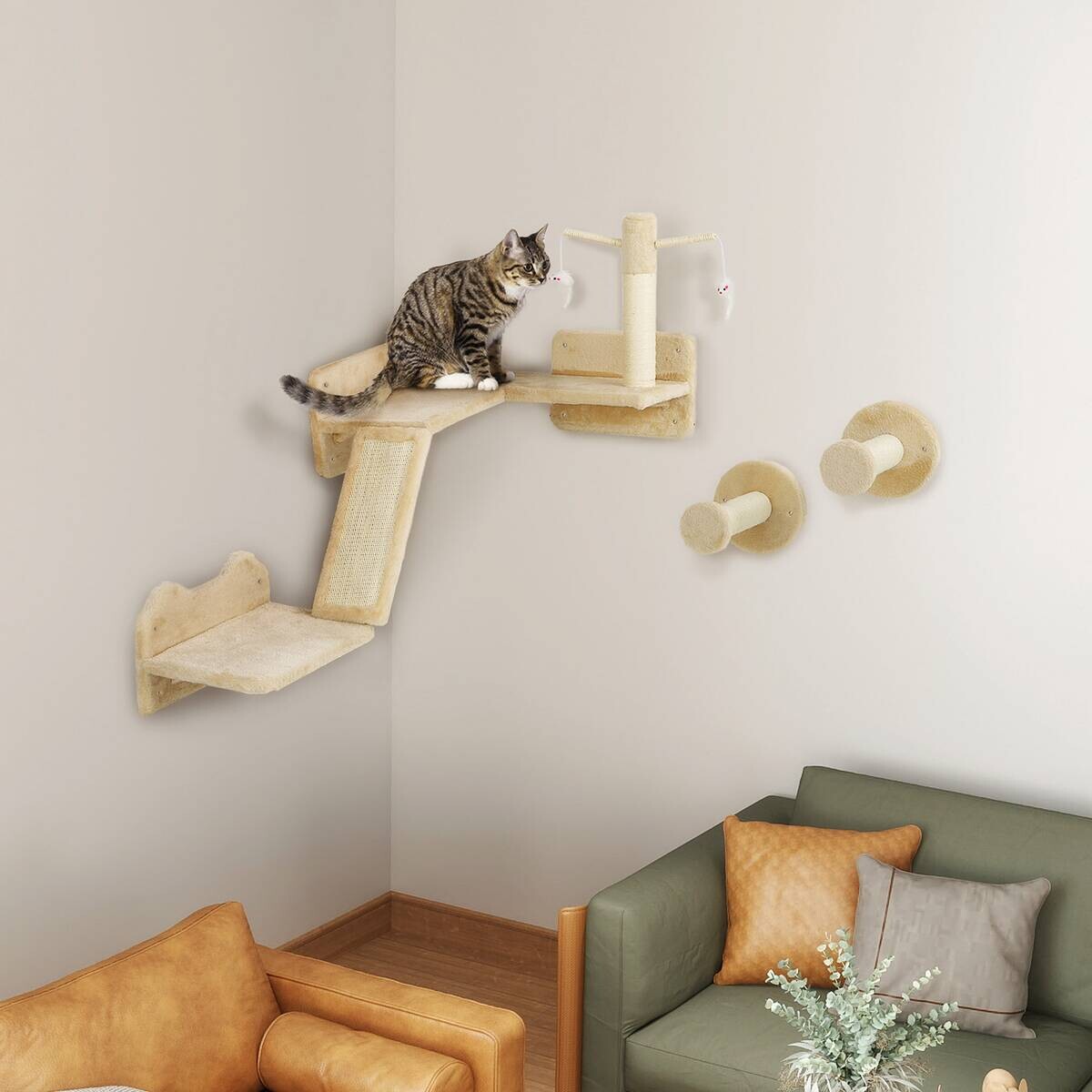 PawHut Katzen Kletterwand Set beige Plüsch B/H/L: ca. 56x73x110 cm