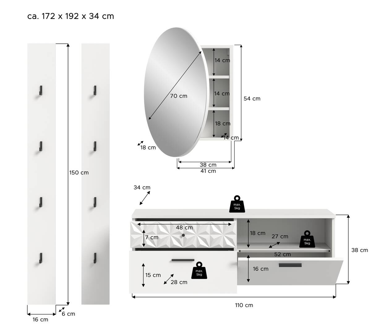 Garderobe Prisma weiß weiß Hochglanz B/H/T: ca. 172x192x34 cm