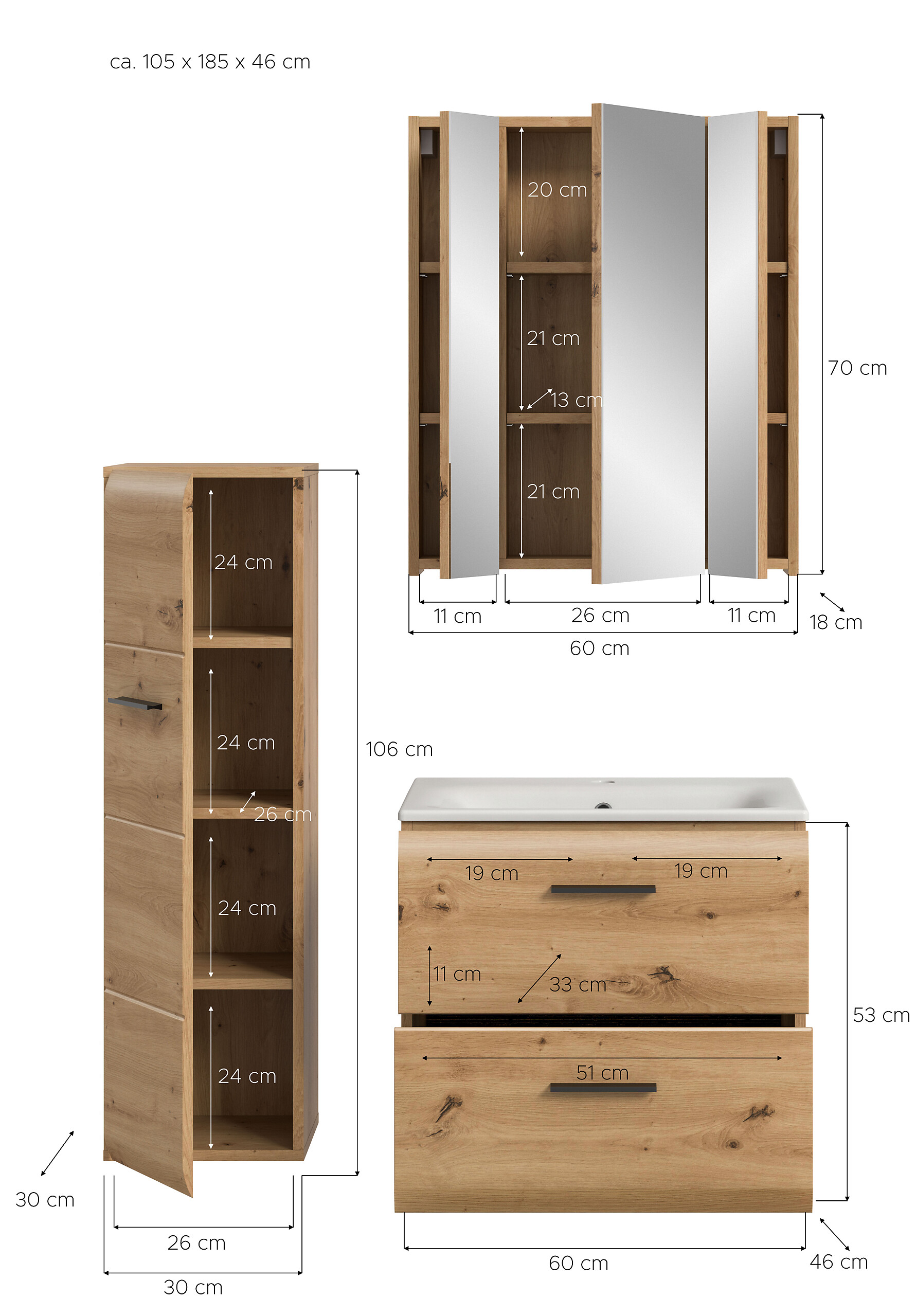 Badezimmer-Set Ice Artisan Oak Nachbildung B/H/T: ca. 105x185x46 cm
