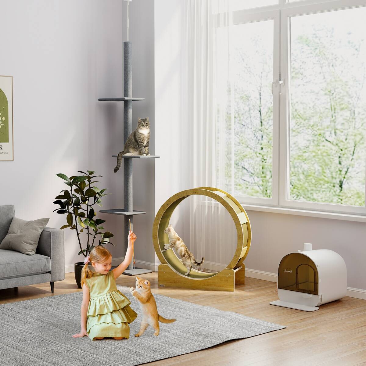 PawHut Katzenlaufrad Eiche Papier B/H/L: ca. 33,5x94x91 cm