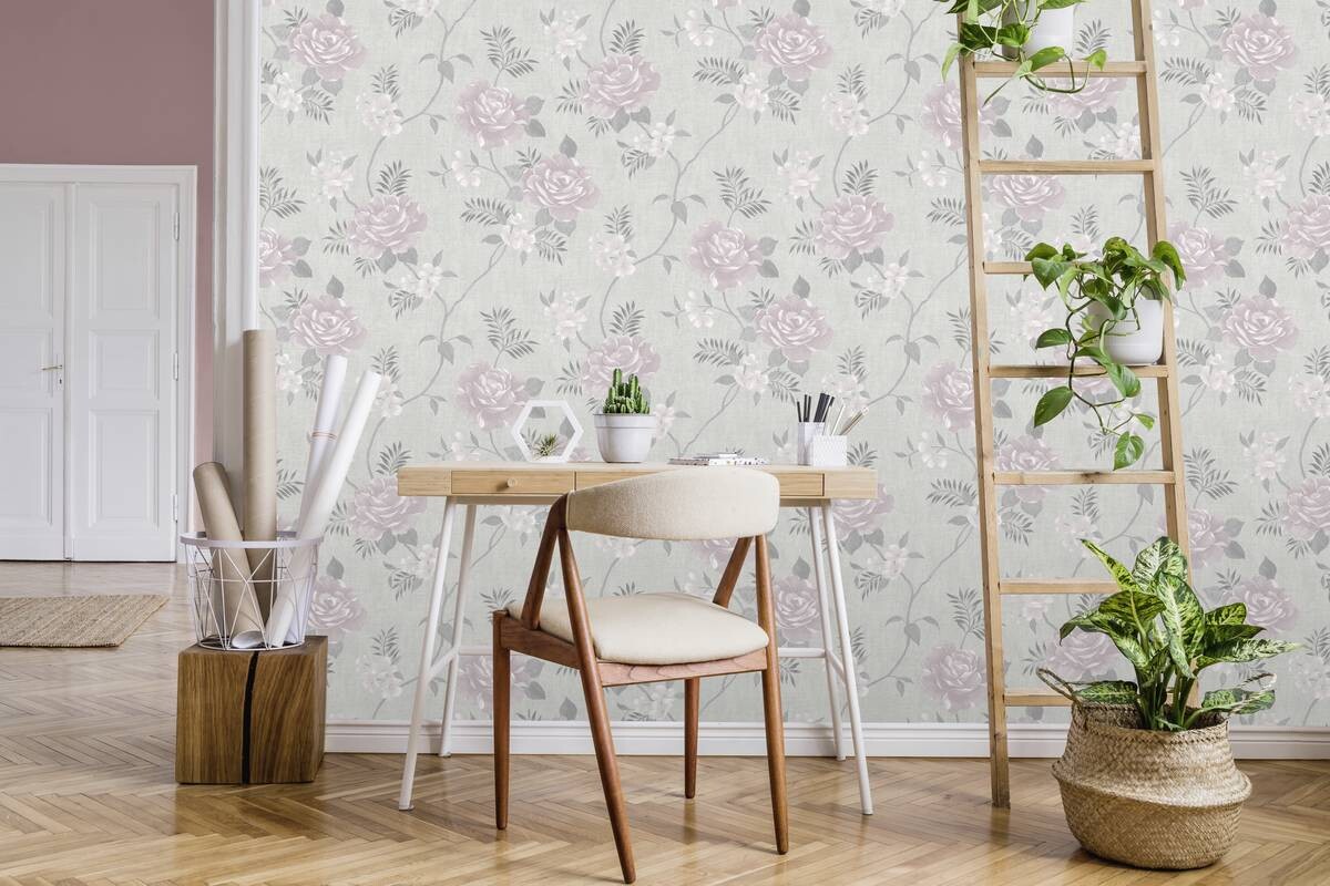 Papiertapete Blumenranke hellgrau dunkelgrau rosa B/L: ca. 53x1005 cm