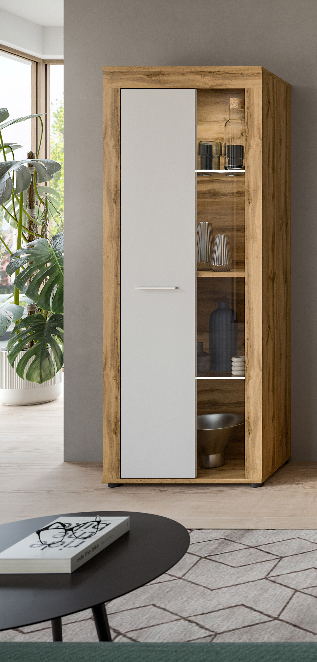 Vitrine Jam Eiche Wotan Nachbildung weiß B/H/T: ca. 60x159x35 cm