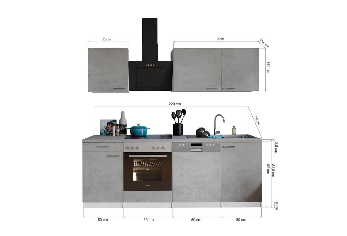 Respekta Küchenblock Malia Beton Optik B/H/T: ca. 220x200x60 cm