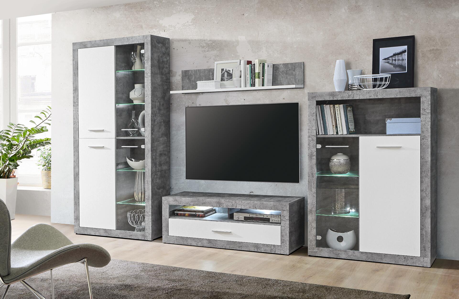 Wohnwand  Beton Optik weiß B/H/T: ca. 308x194x41 cm