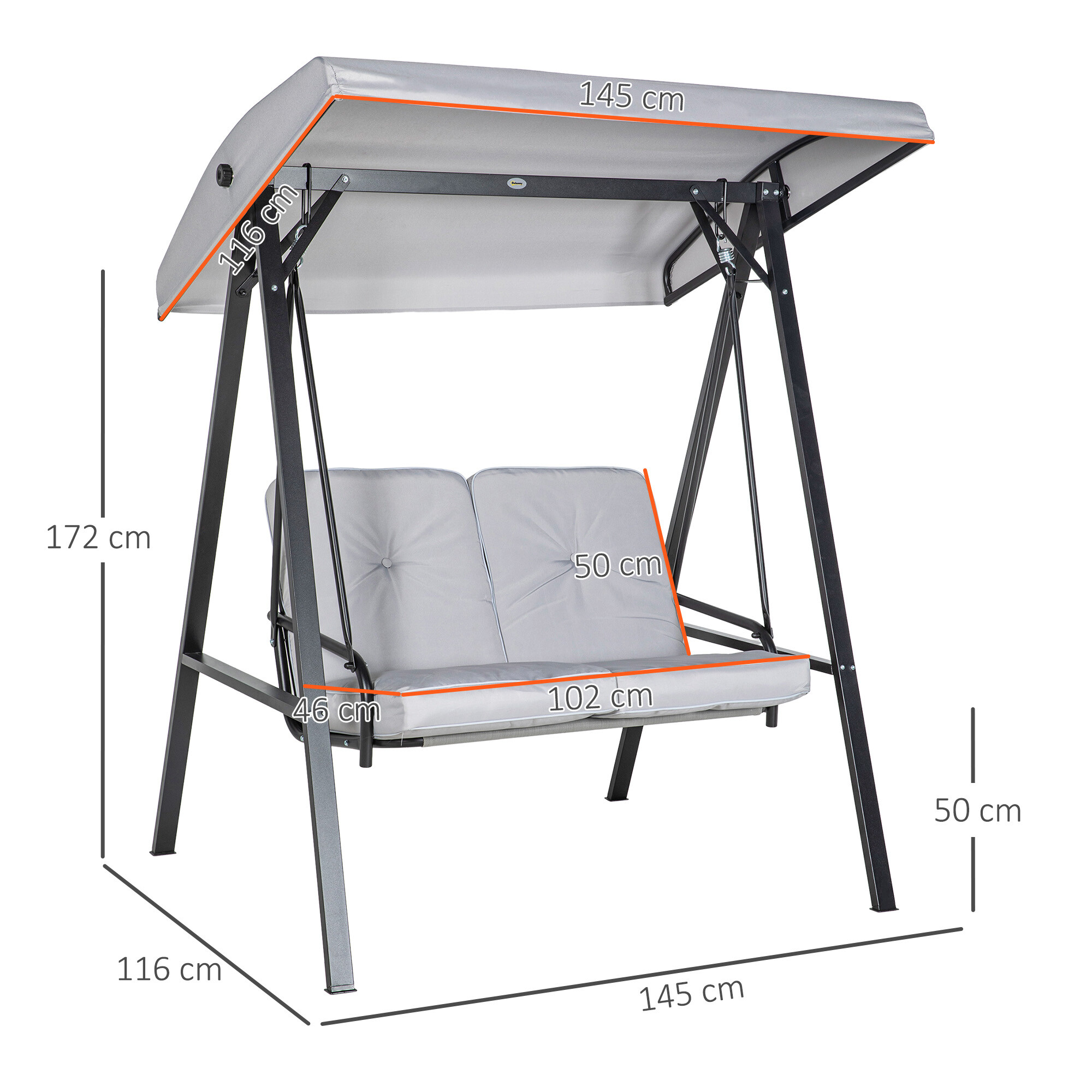 Outsunny Hollywoodschaukel grau Stahl B/H/L: ca. 116x172x145 cm