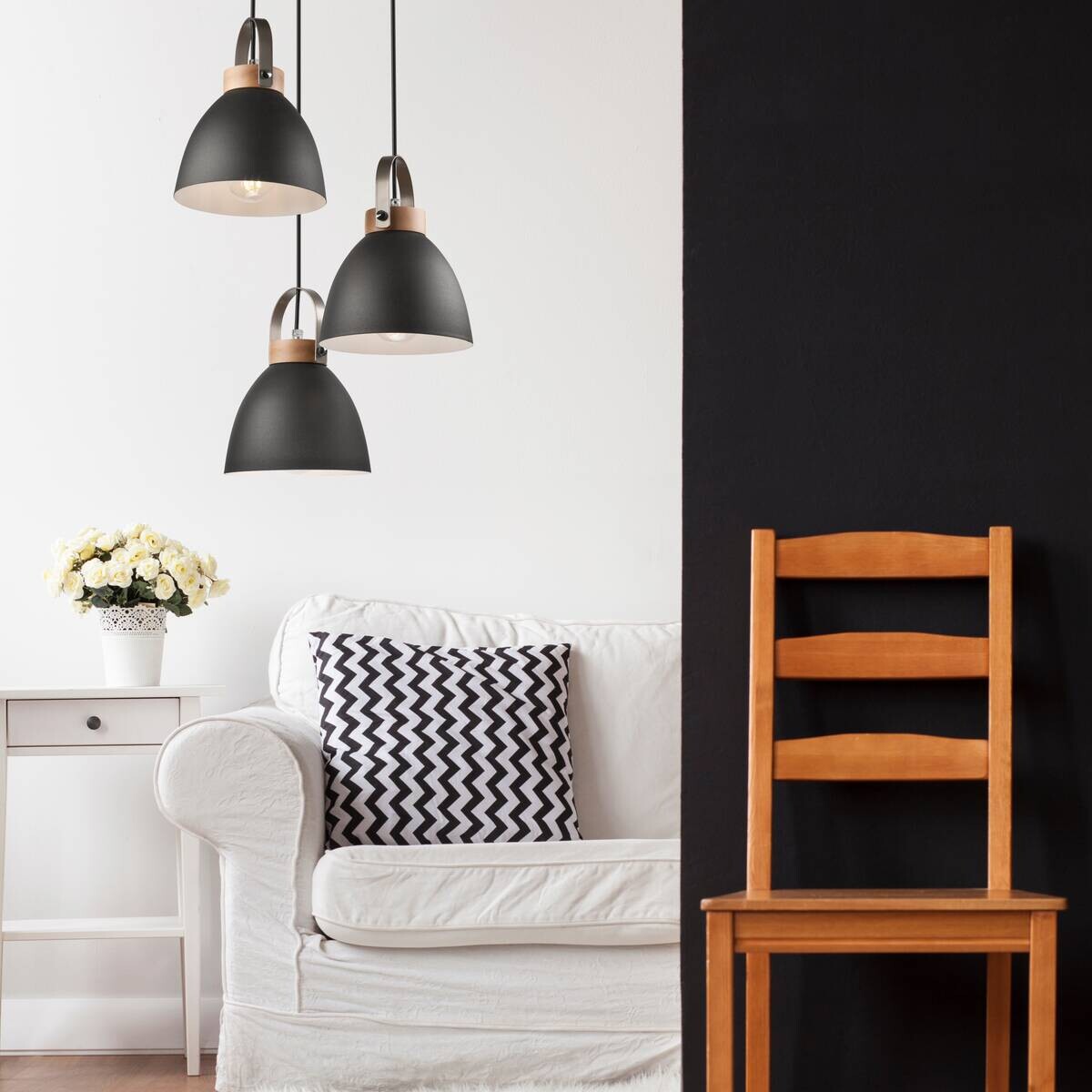 Lamkur Pendelleuchte DANIELLE 31781 Graphit Holz Stahl H/L: ca. 79x37 cm E27 3 Brennstellen