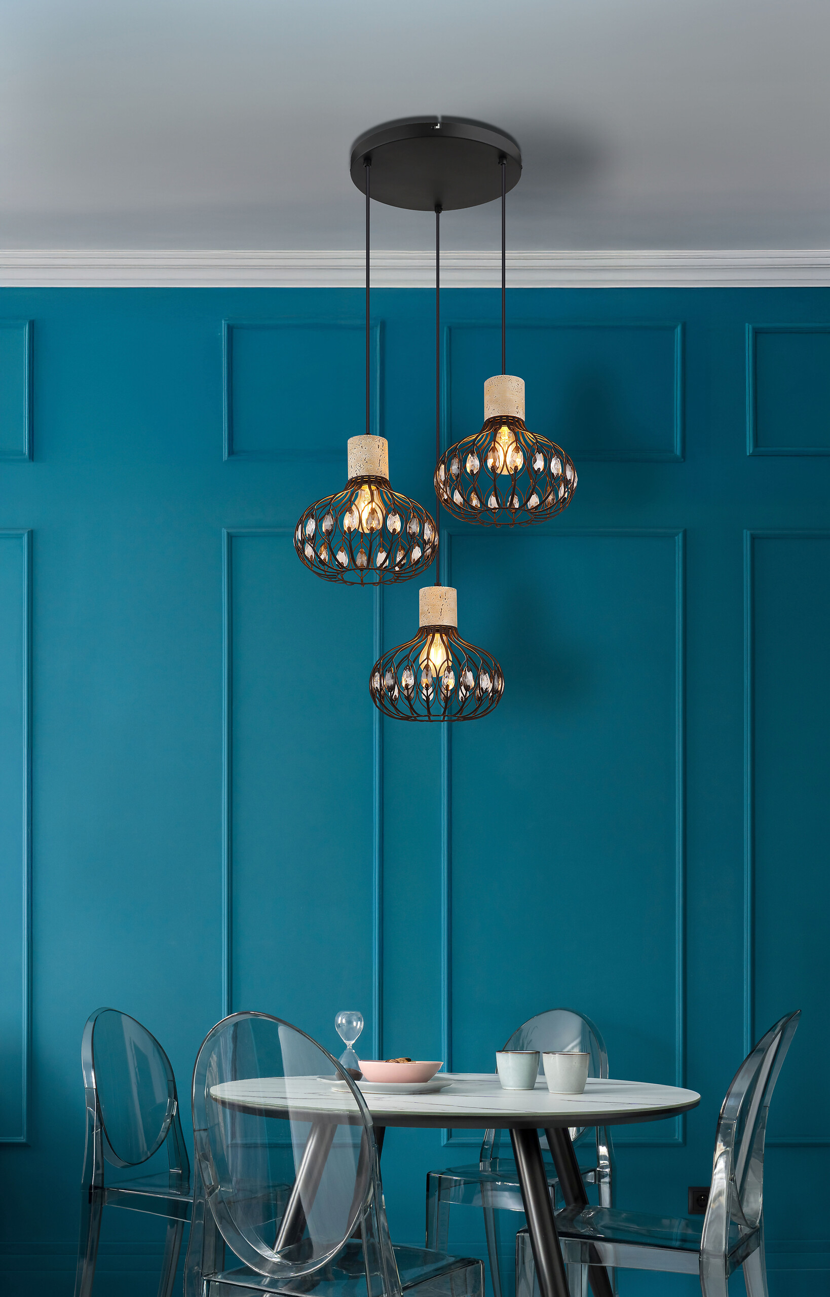 GLOBO Hängeleuchte Rauch grau mattschwarz Glas Metall H/D: ca. 150x47 cm E27 3 Brennstellen