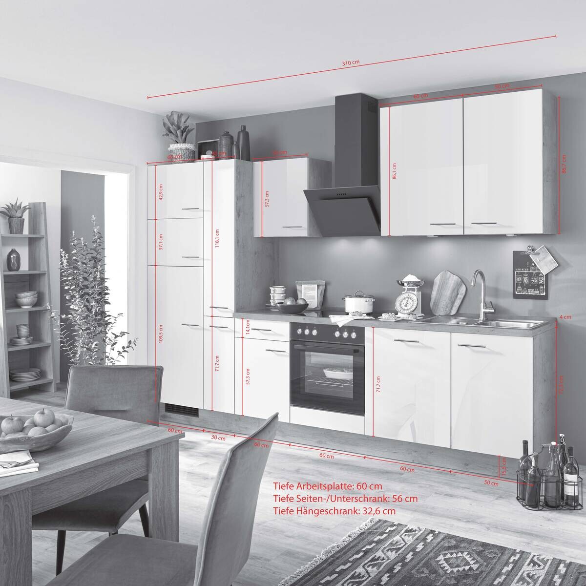 Impuls Küchenblock IP 4050 weiß Hochglanz weiß Hochglanz B/T: ca. 310x60 cm