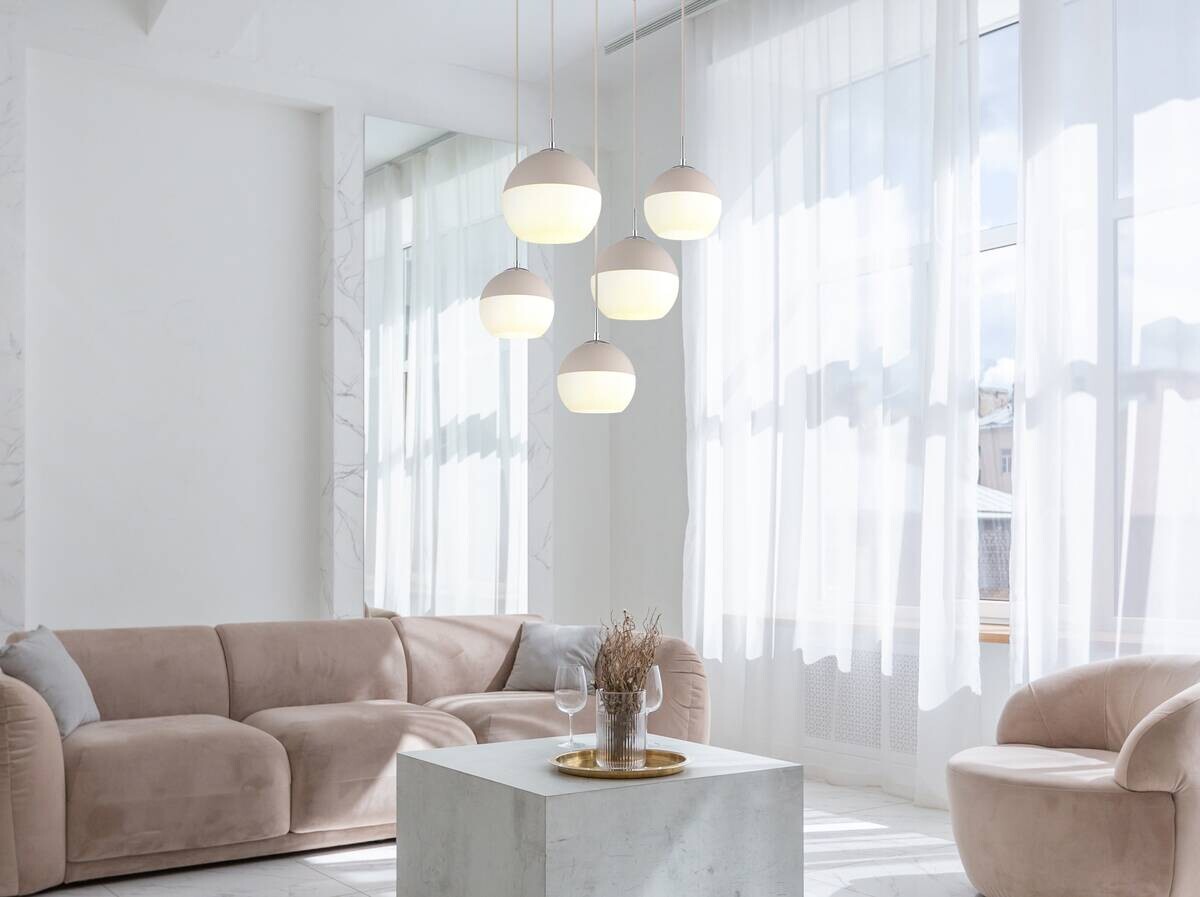 GLOBO Pendelleuchte Opal sand weiß Glas Textil Metall H/D: ca. 120x57 cm E27 5 Brennstellen