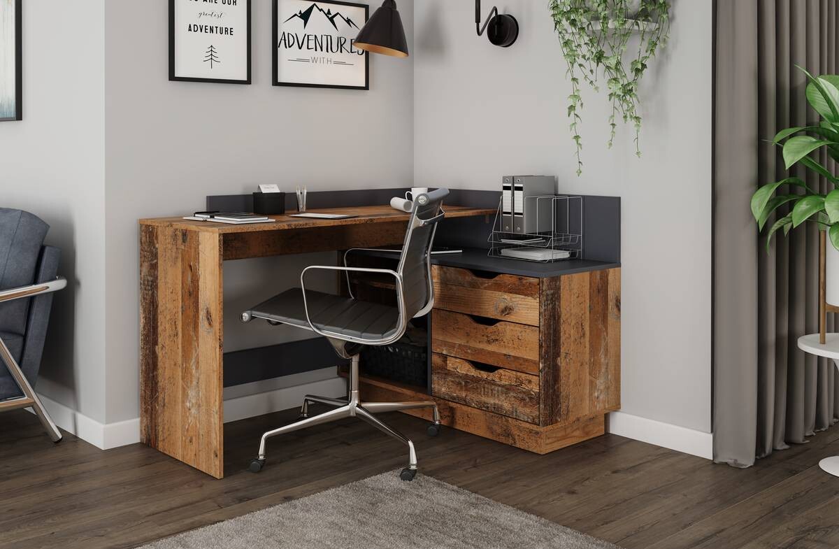 Winkelschreibtisch BELFAST anthrazit Eiche Old Wood Nachbildung B/H/T: ca. 129x83,5x105 cm